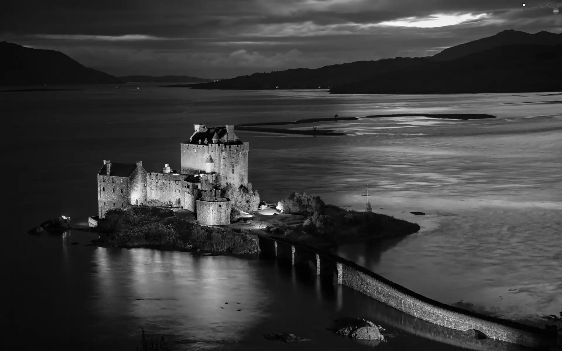 stone, Eilean Donan Castle, Scotland, Night, bridge, Island