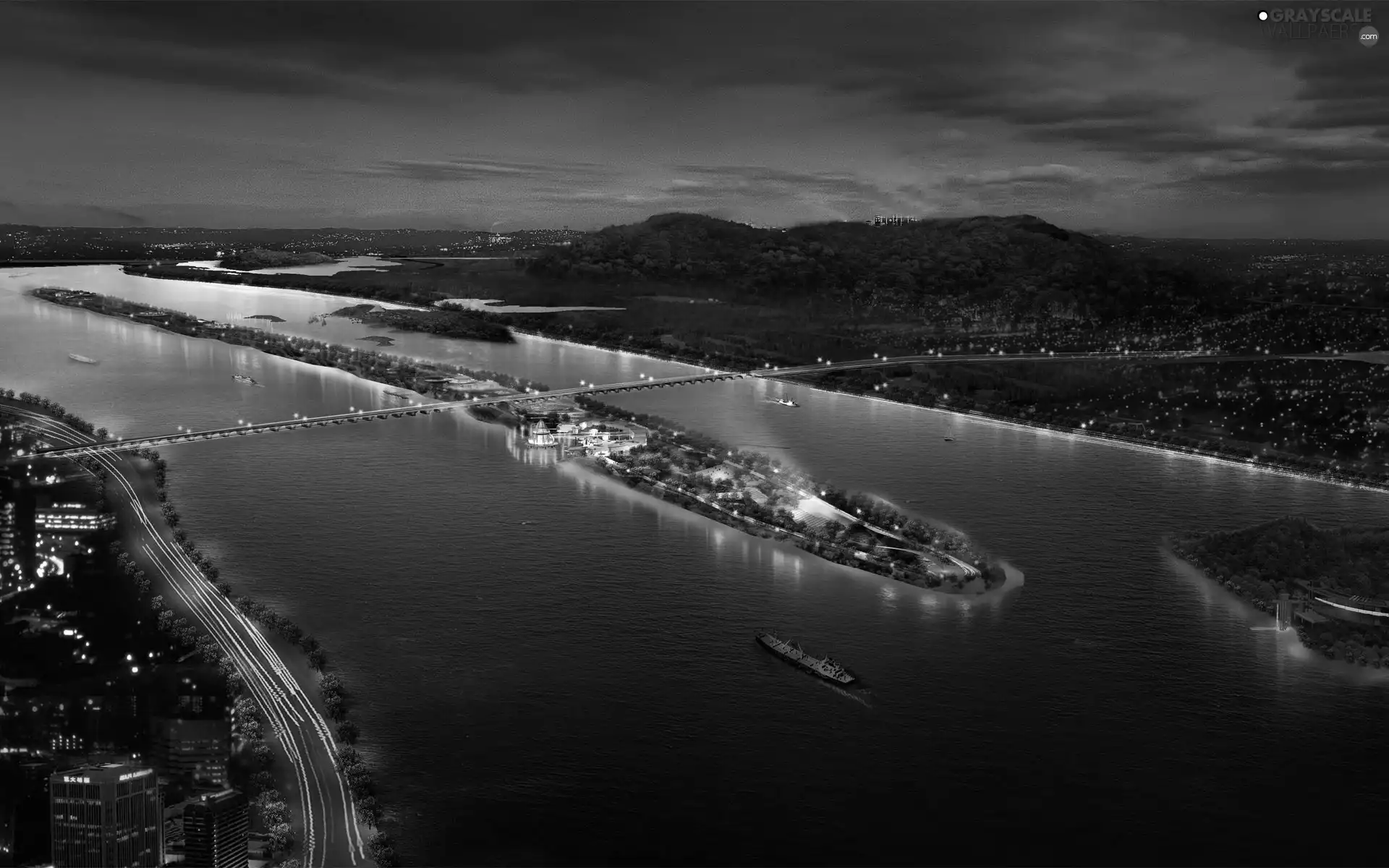 bridge, River, Islet