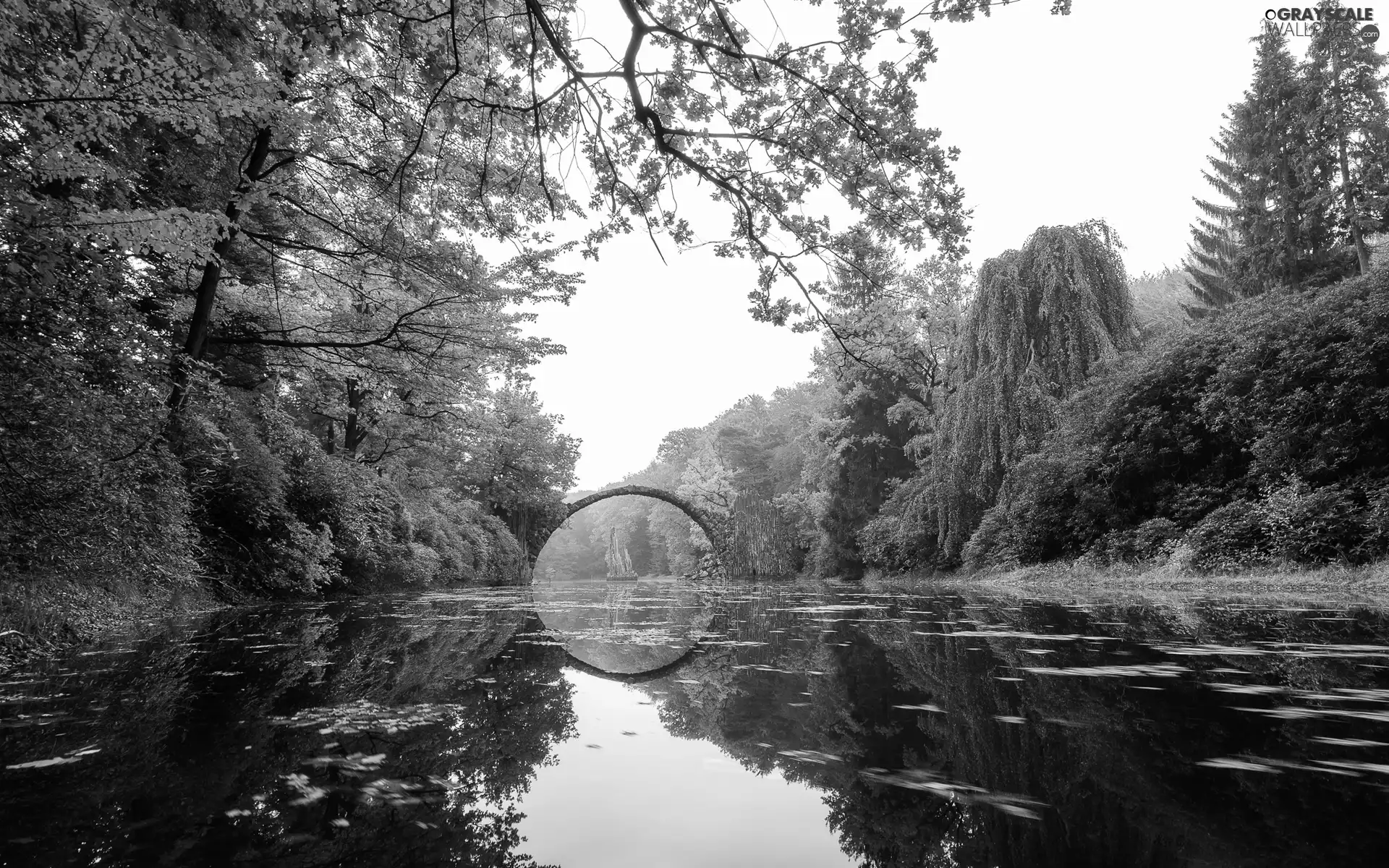 Lake Rakotz, Kromlau Rhododendronpark, trees, viewes, Saxony, Germany, Arch Bridge, reflection, stone