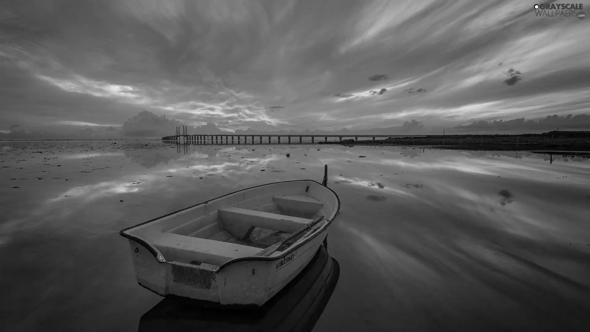 Great Sunsets, clouds, bridge, Boat, lake