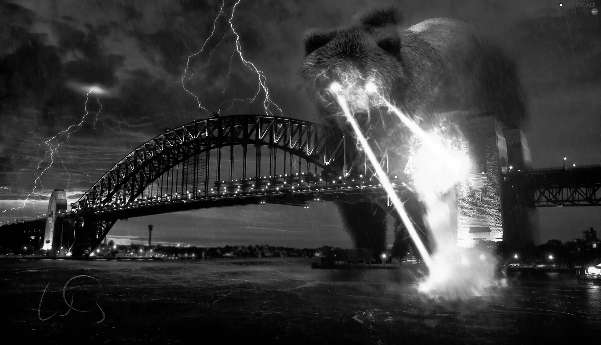 glowing, large, bridge, lightning, Eyes, Bear