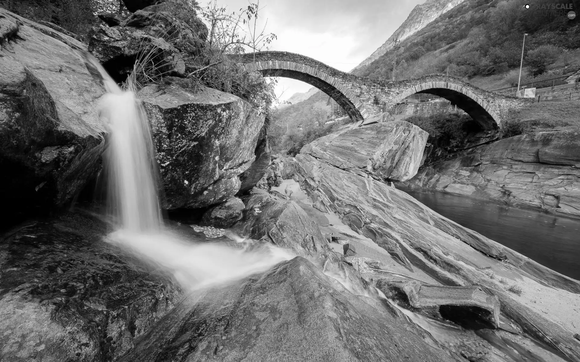 bridge, Mountains, rocks, River, waterfall