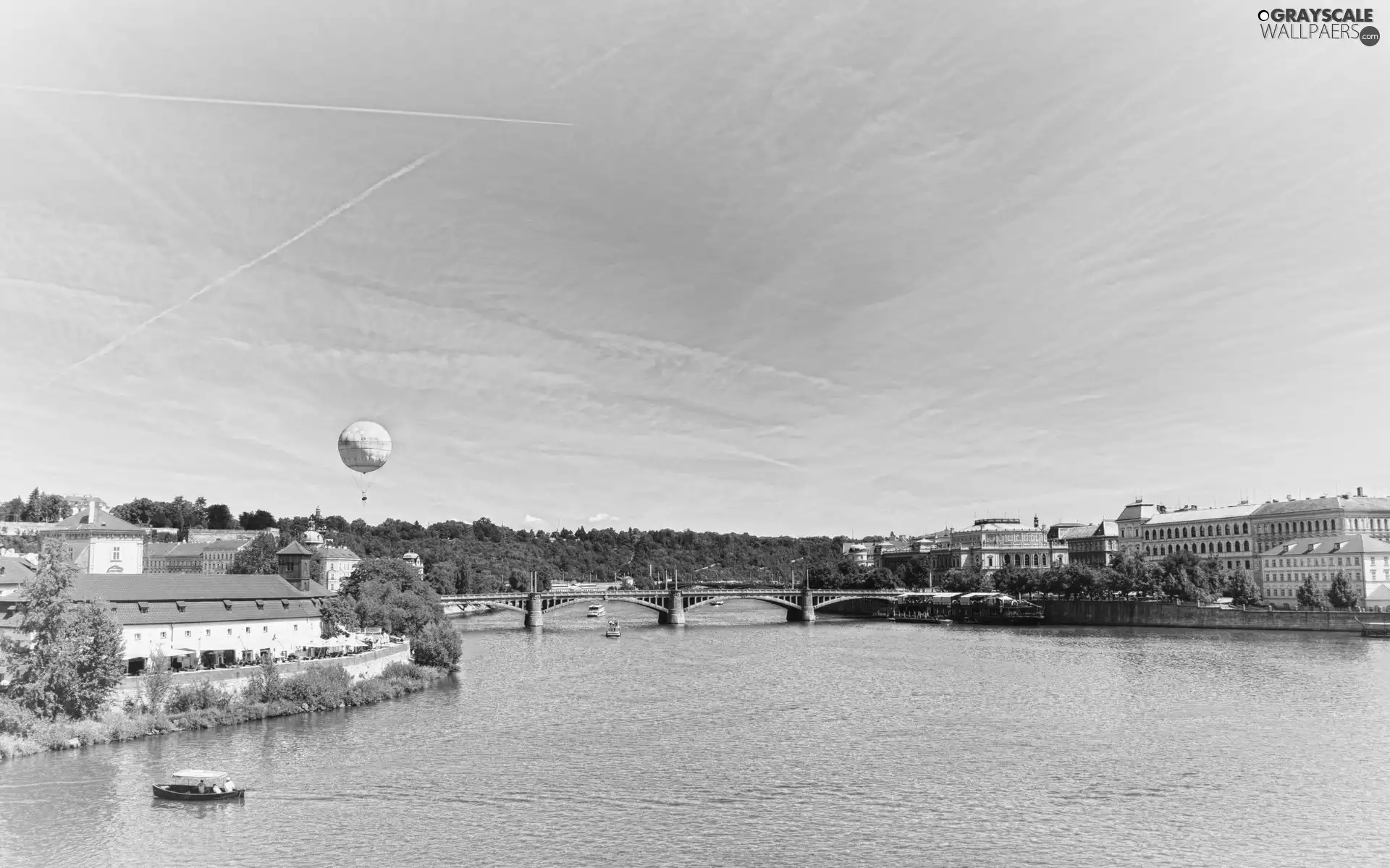 panorama, River, bridge, town