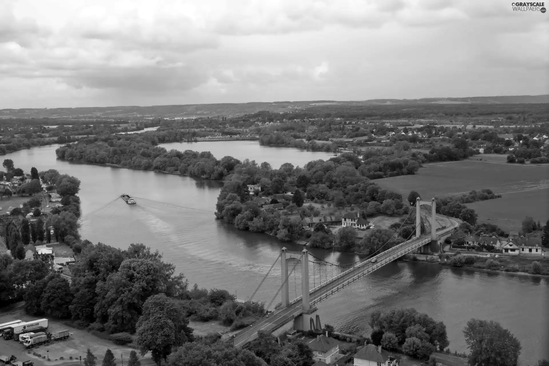 panorama, River, bridge, town