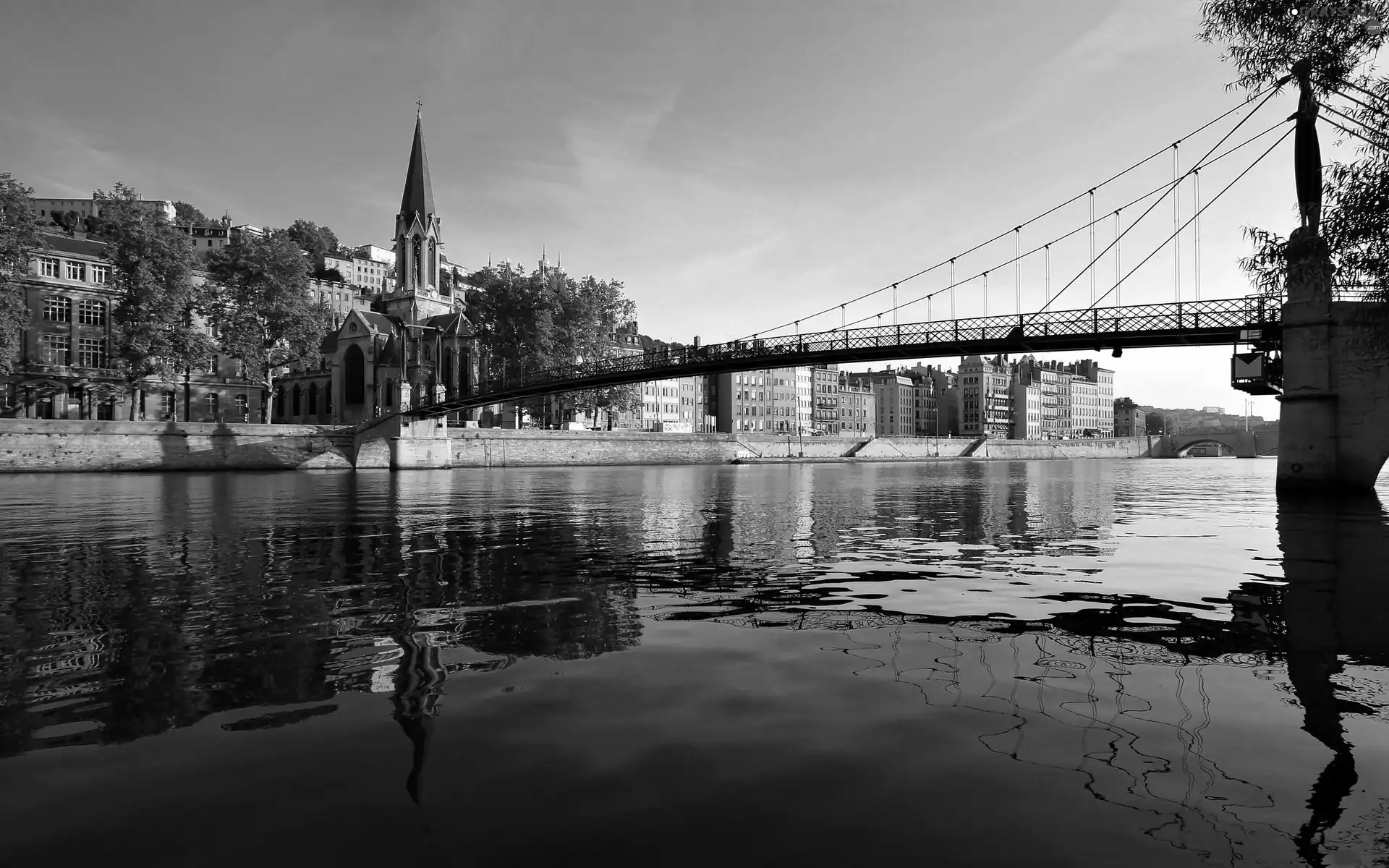 panorama, River, bridge, town