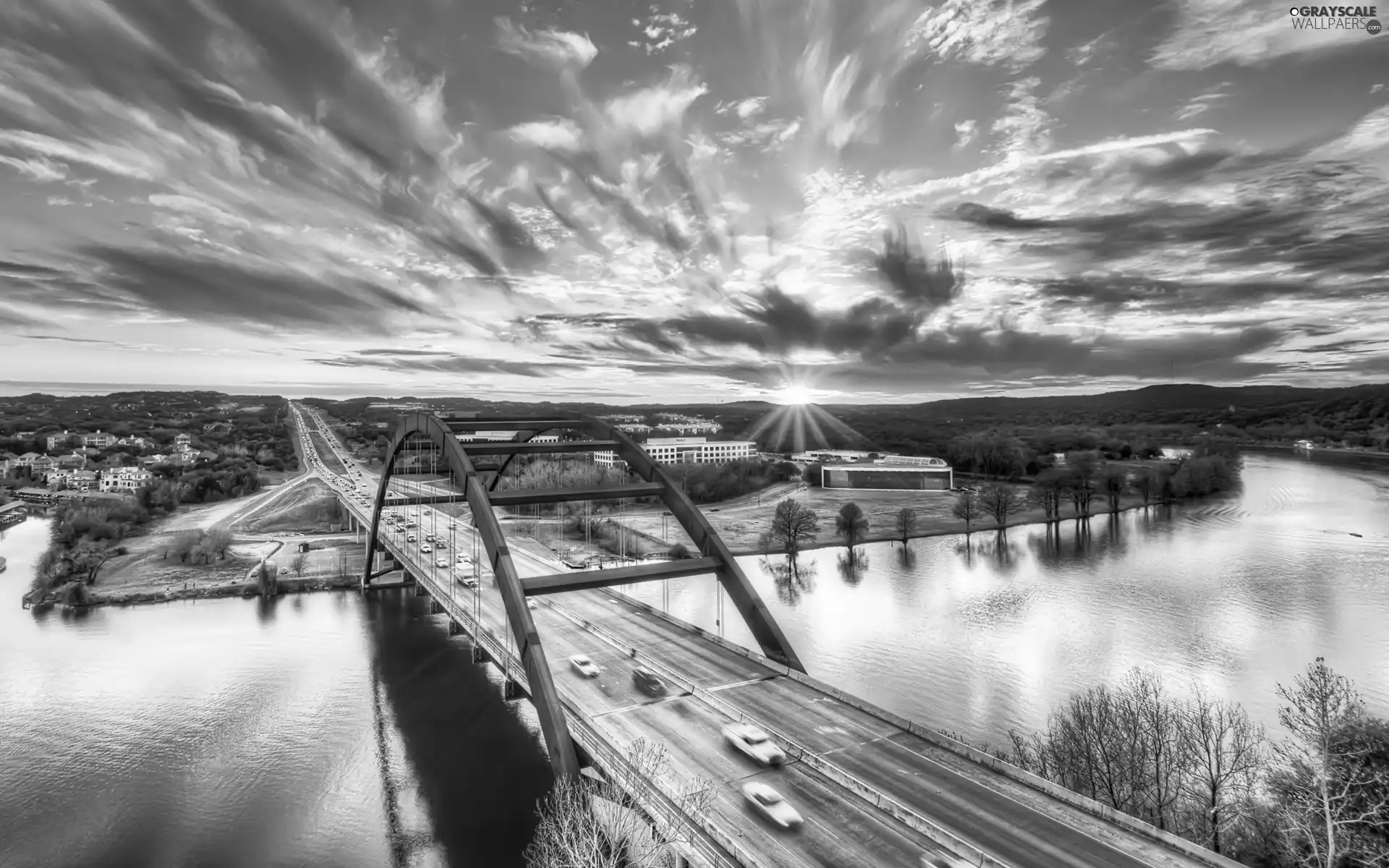 River, sun, bridge, west