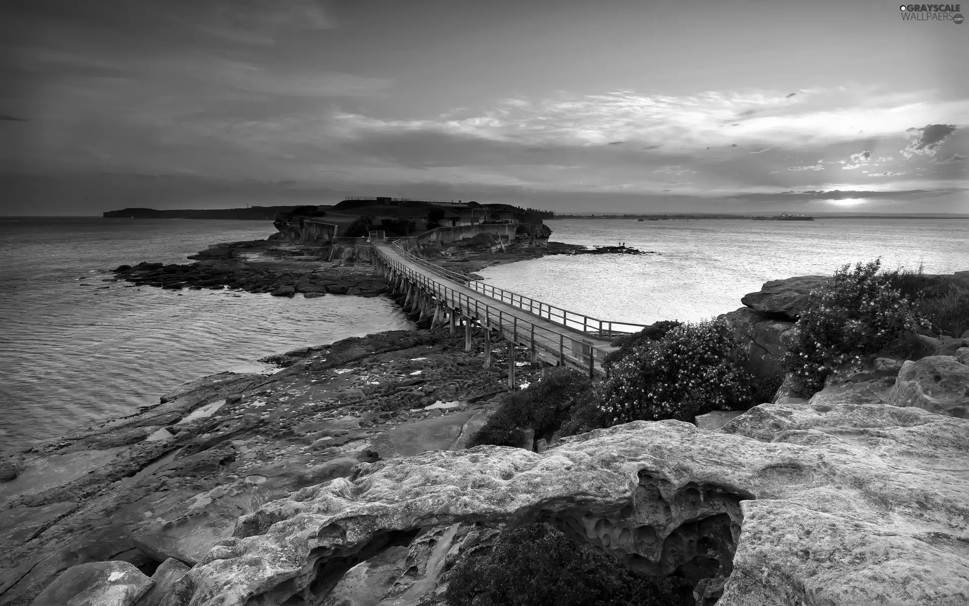 Coast, west, bridge, rocks, Island, sun