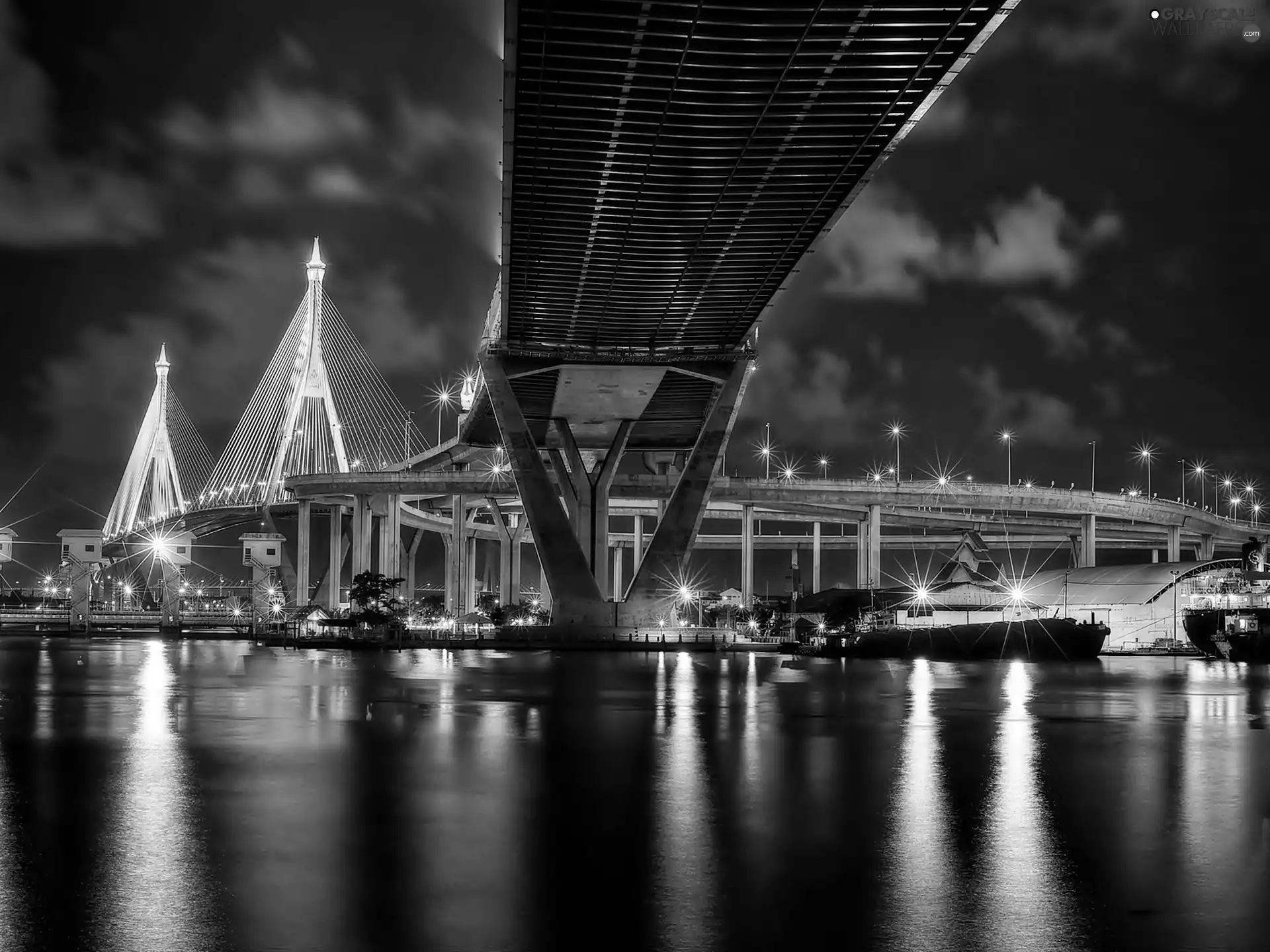 bridge, Thailand, night, sea, Bangkok