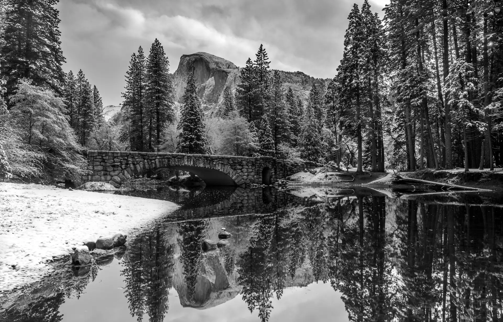 snow, rivers, trees, Park, Mountains, bridge, viewes