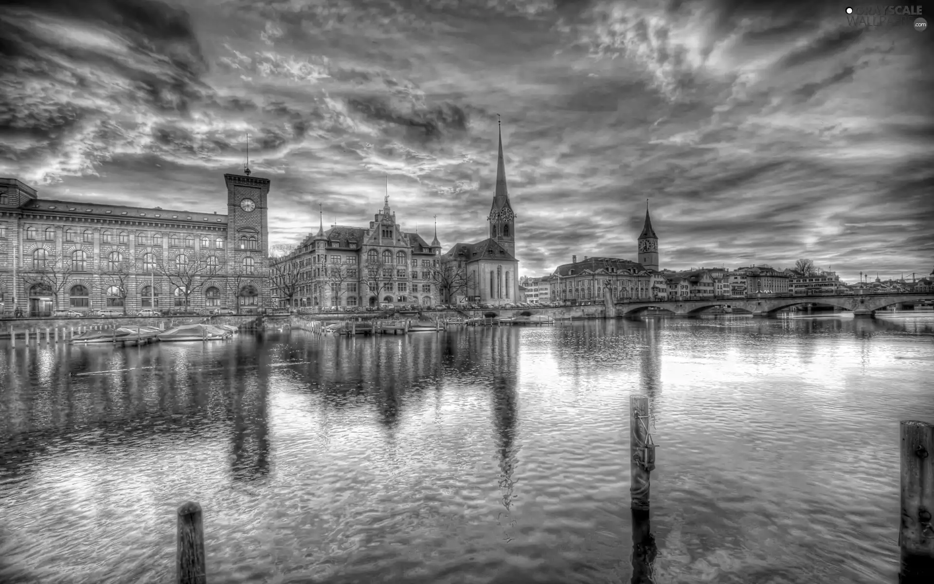 River, bridge, Zurich, Town, Switzerland