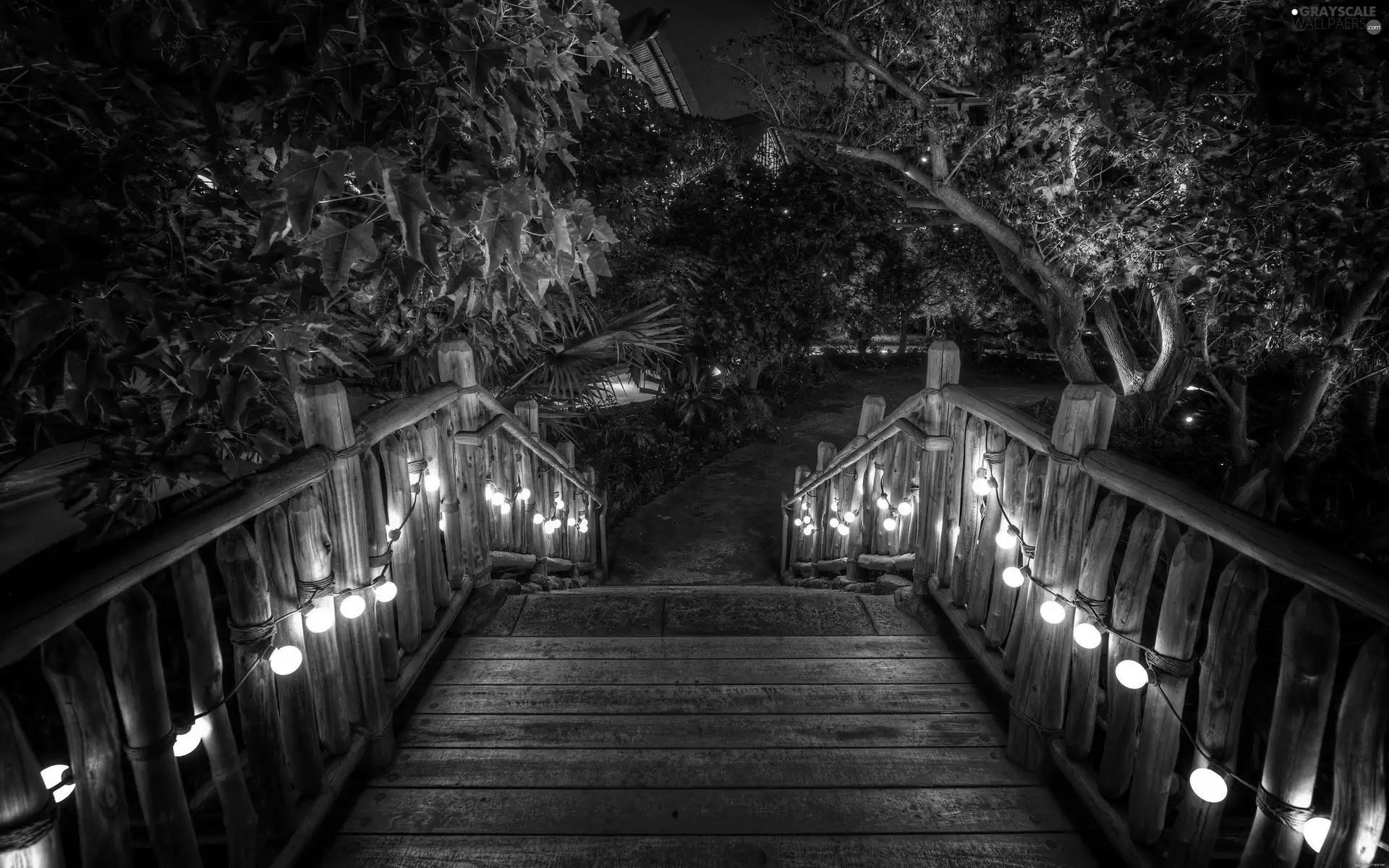 Garden, wooden, bridges, Floodlit