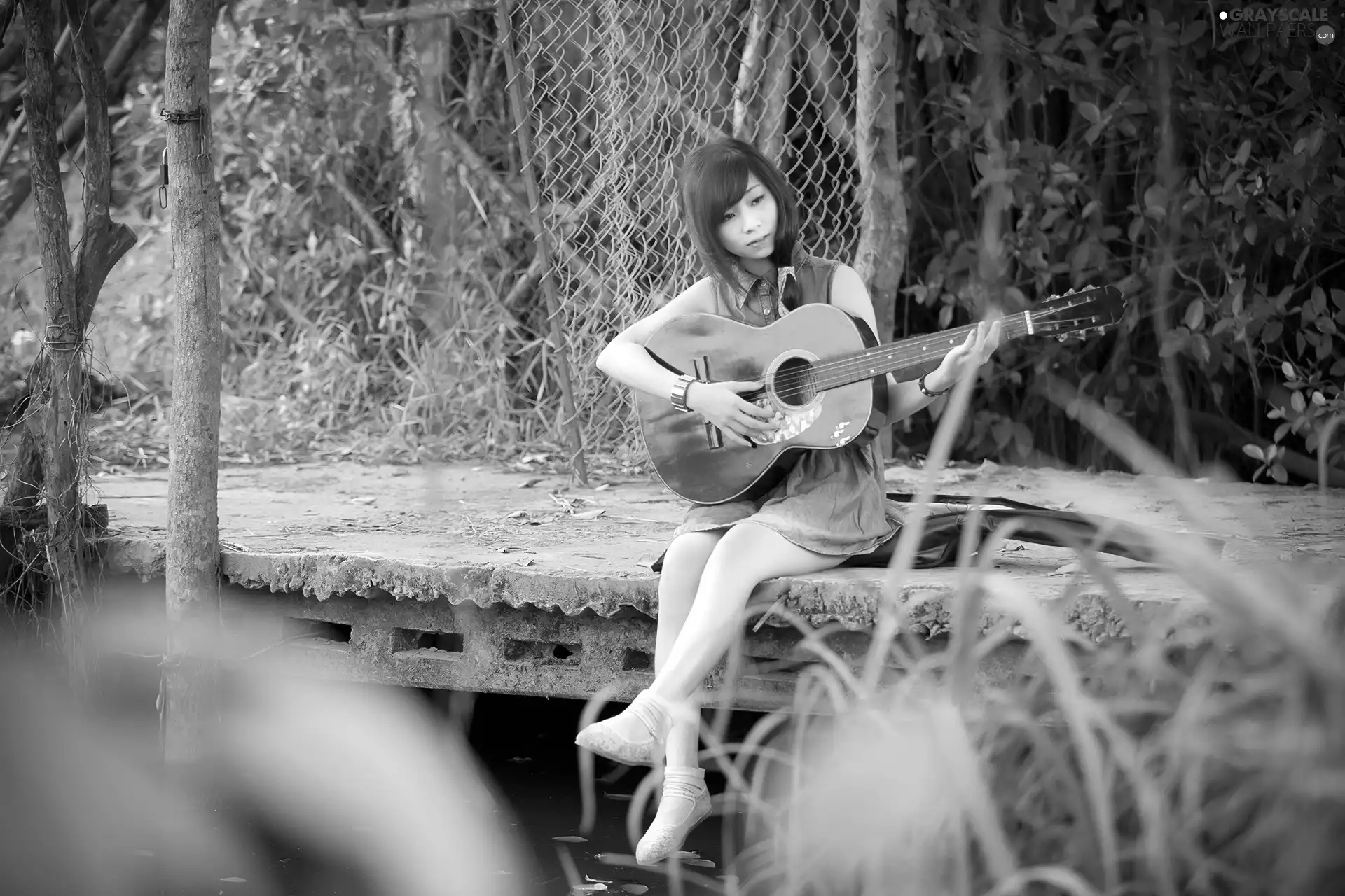 girl, forest, bridges, Guitar