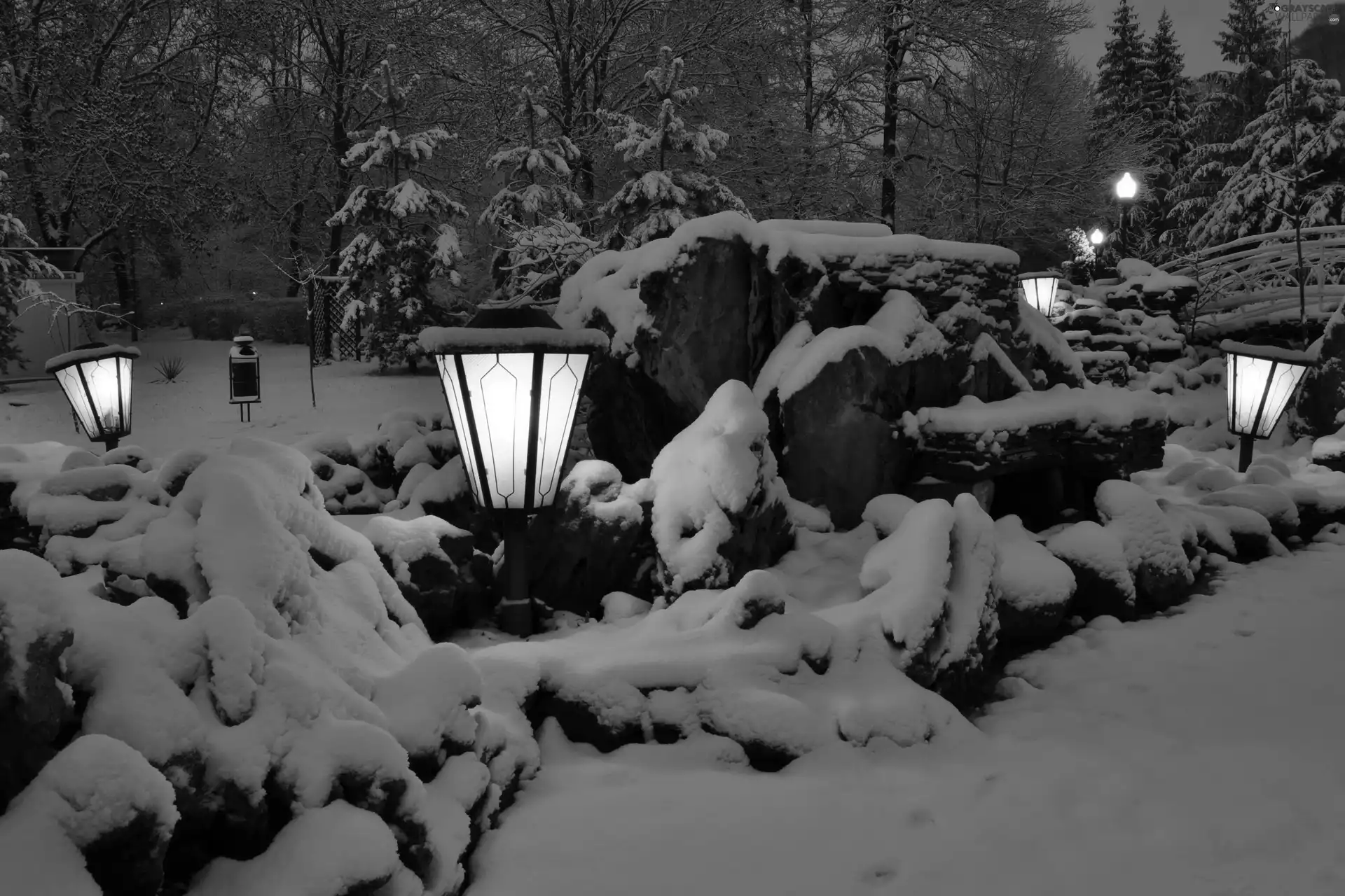 Stone, Park, bridges, winter, Alleys, lanterns