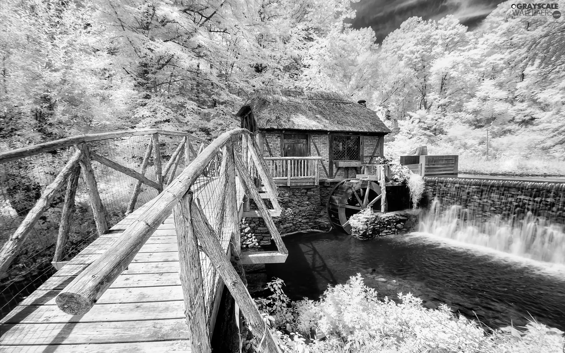 bridges, winter, water, cascade, Windmill