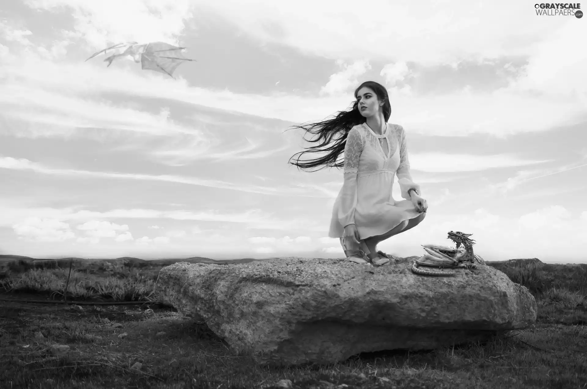 White, Dragons, light brown, Sky, dress, Rocks