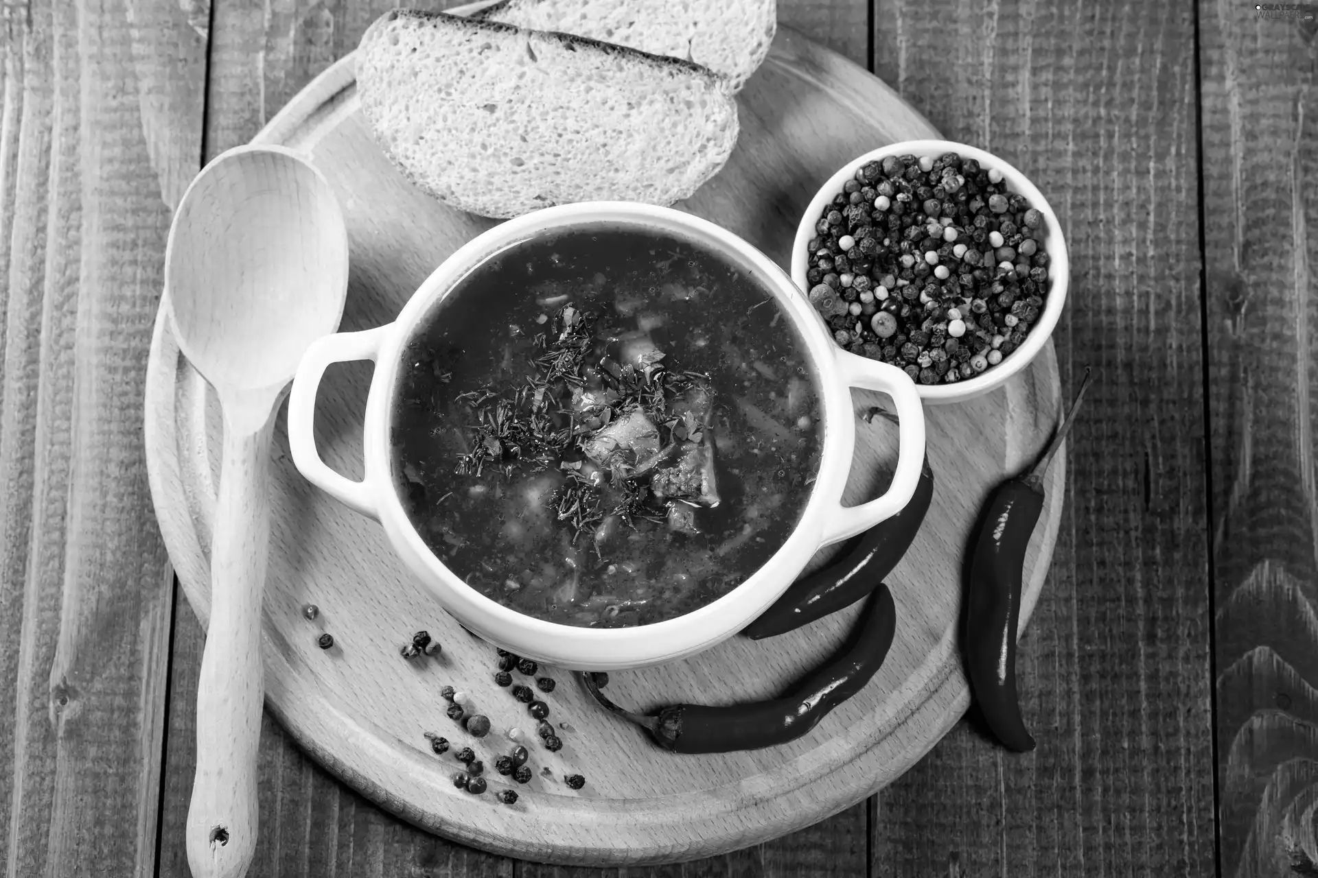 Chili, soup, color, pepper, slices, Wooden, bucket, Chilies, bowl, board, bread
