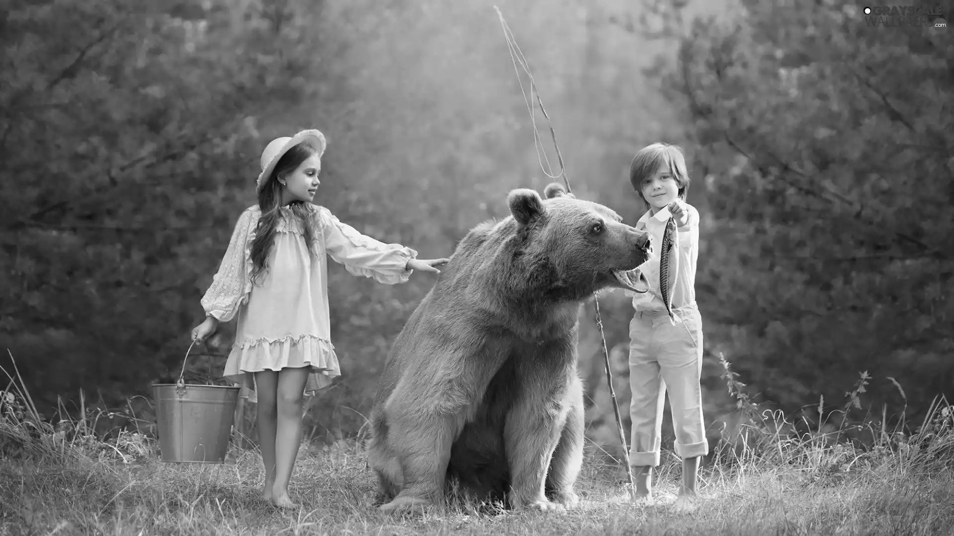 fishing rod, Kids, Hat, boy, Bear, girl, Bucket