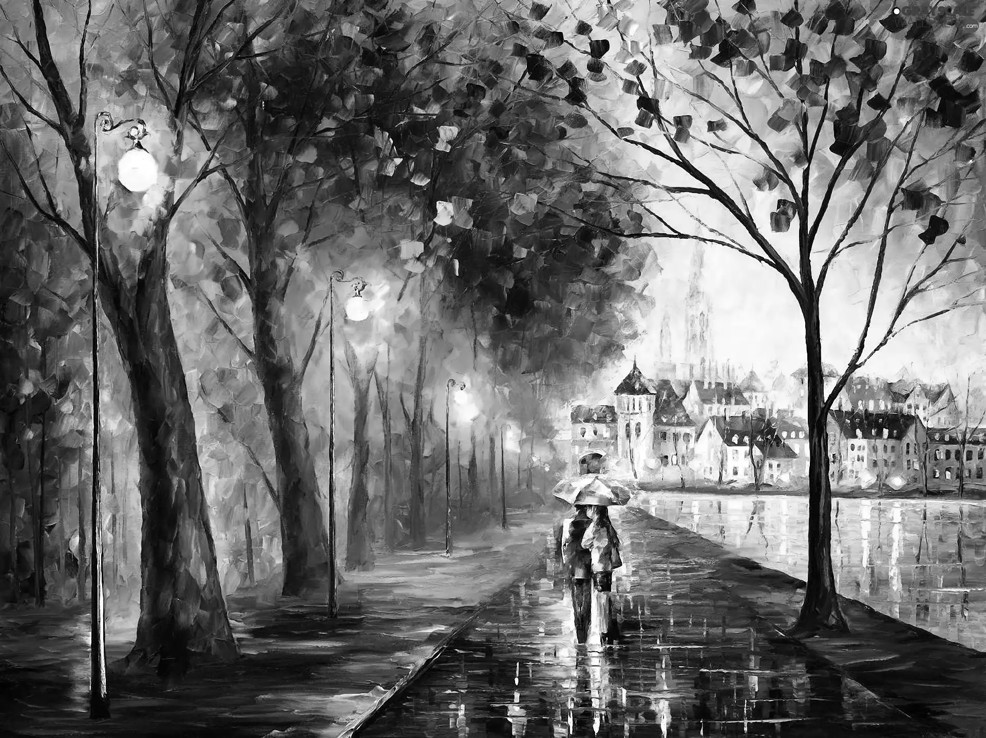 building, Leonid Afremov, viewes, Park, trees