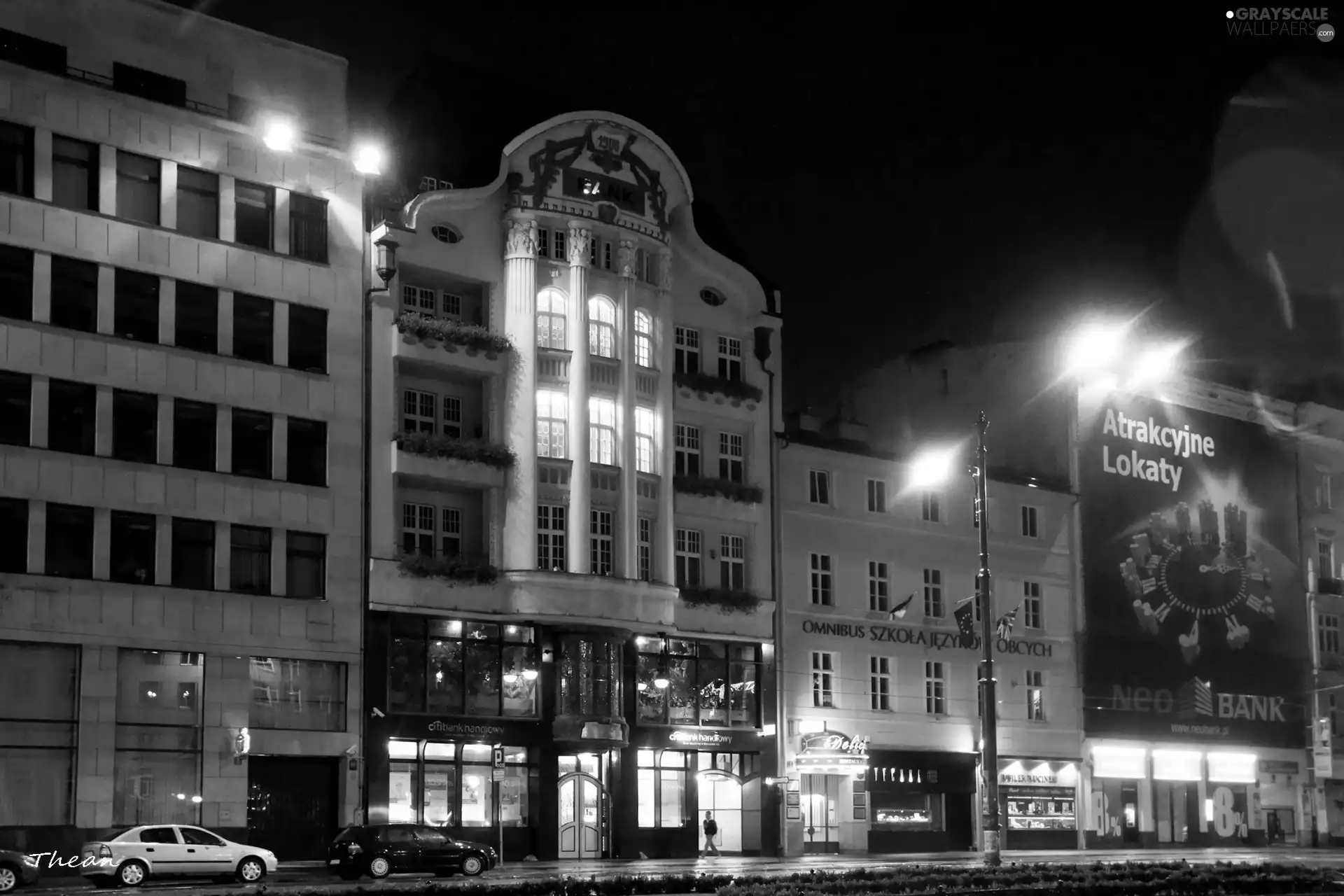 buildings, centre, night, Poznań, Street