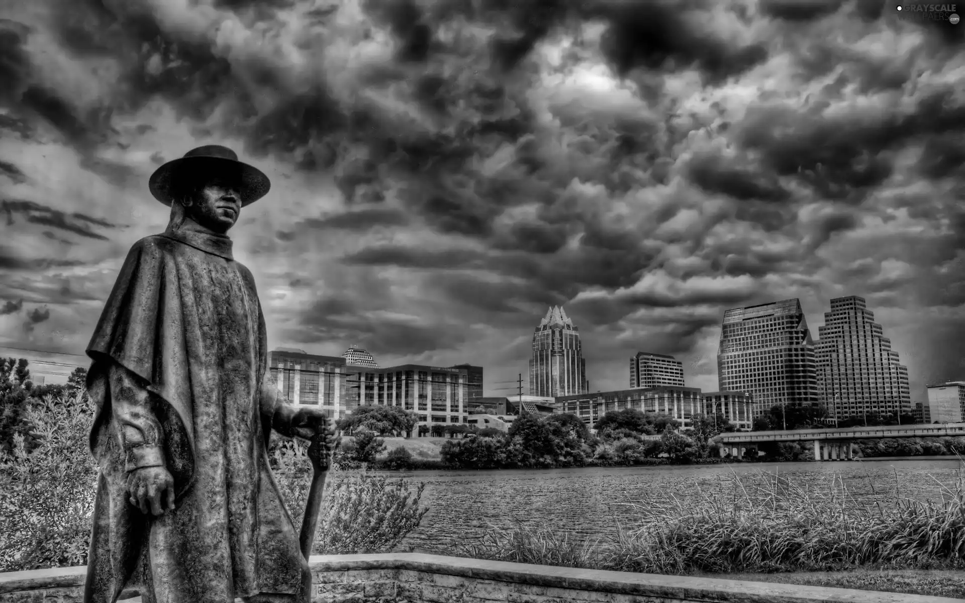 clouds, Statue monument, buildings, lake