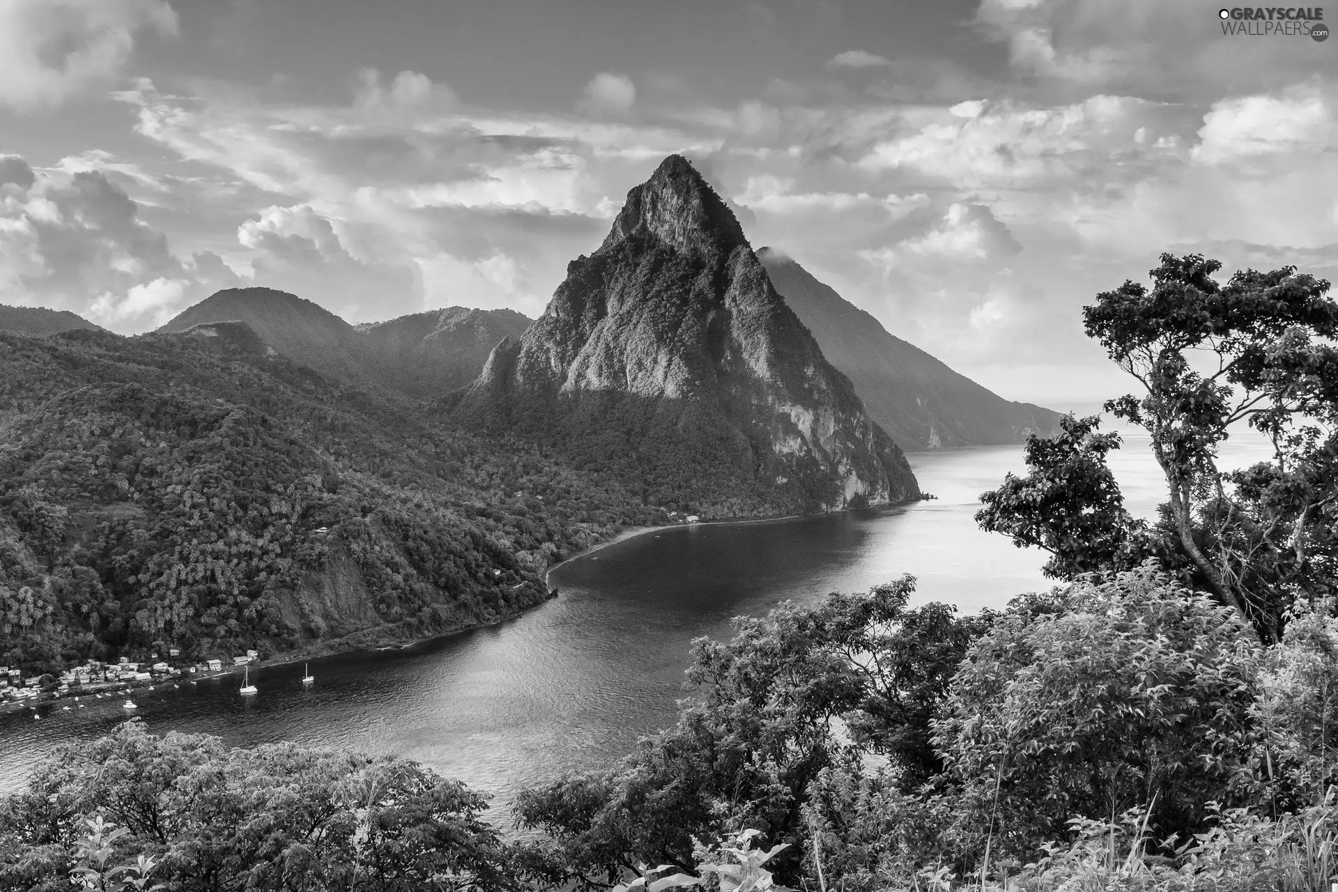 Mountains, green, buildings, River