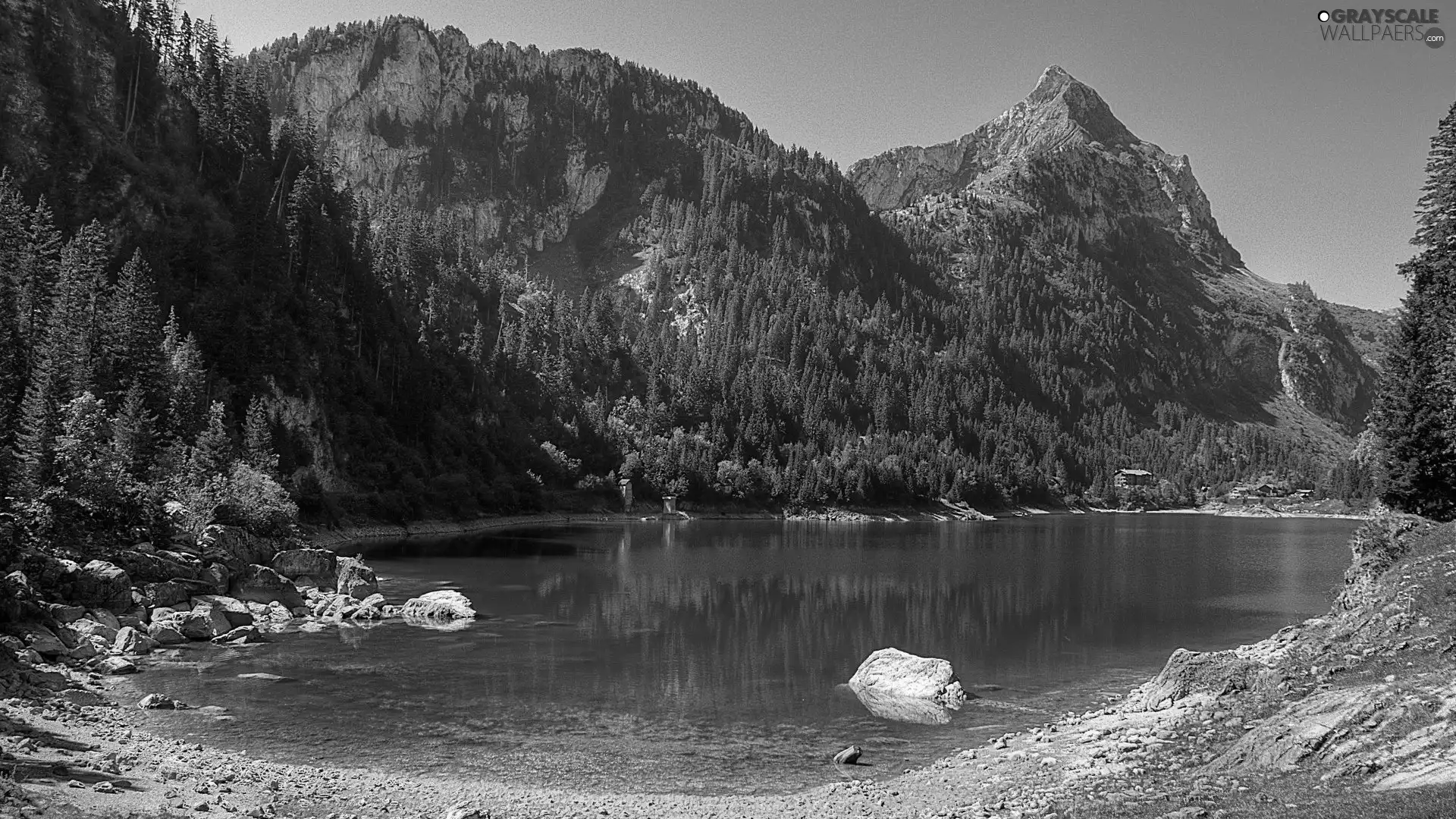 Mountains, lake, buildings, woods