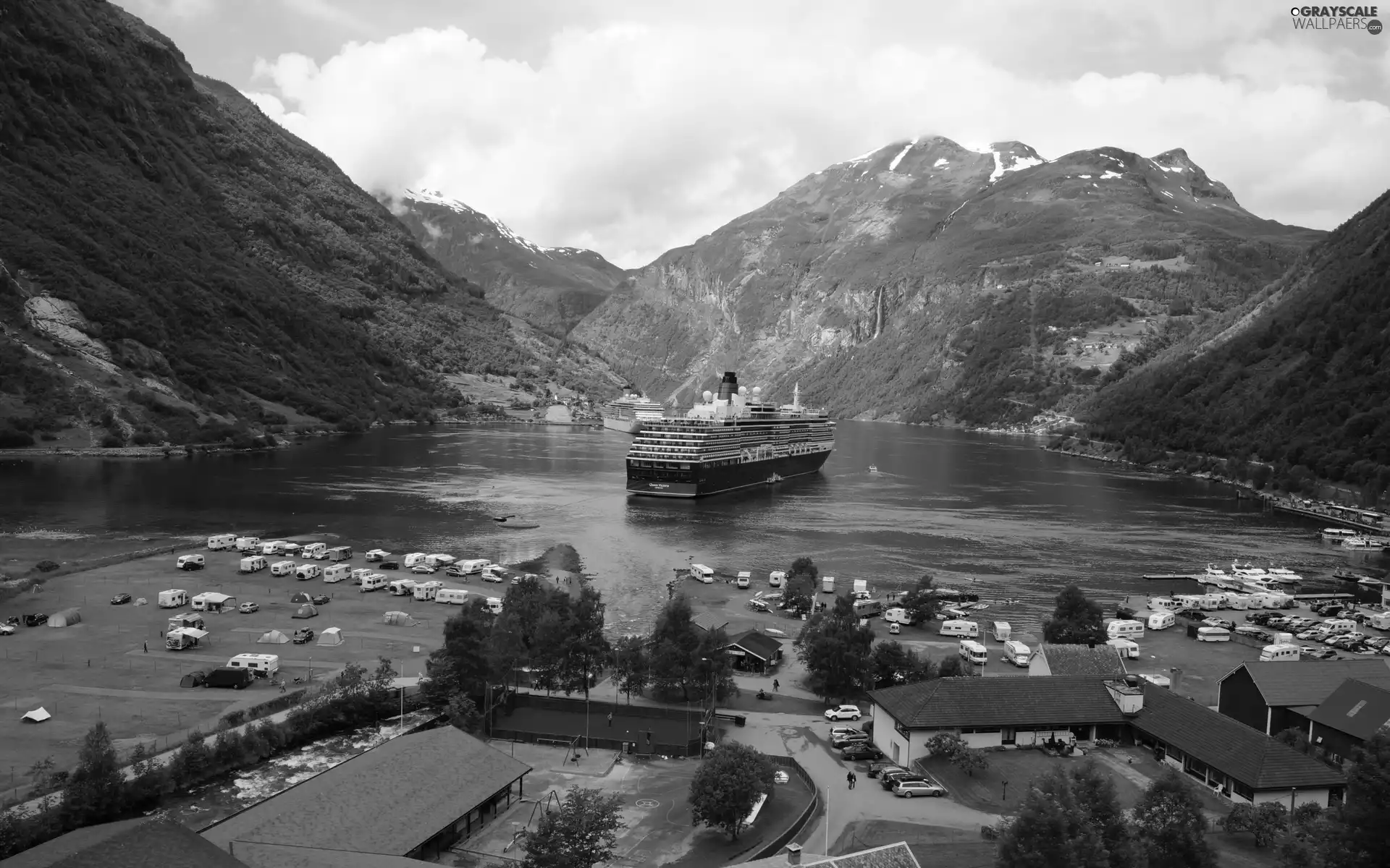 Mountains, passengers, object, River, vessels, buildings, touristic