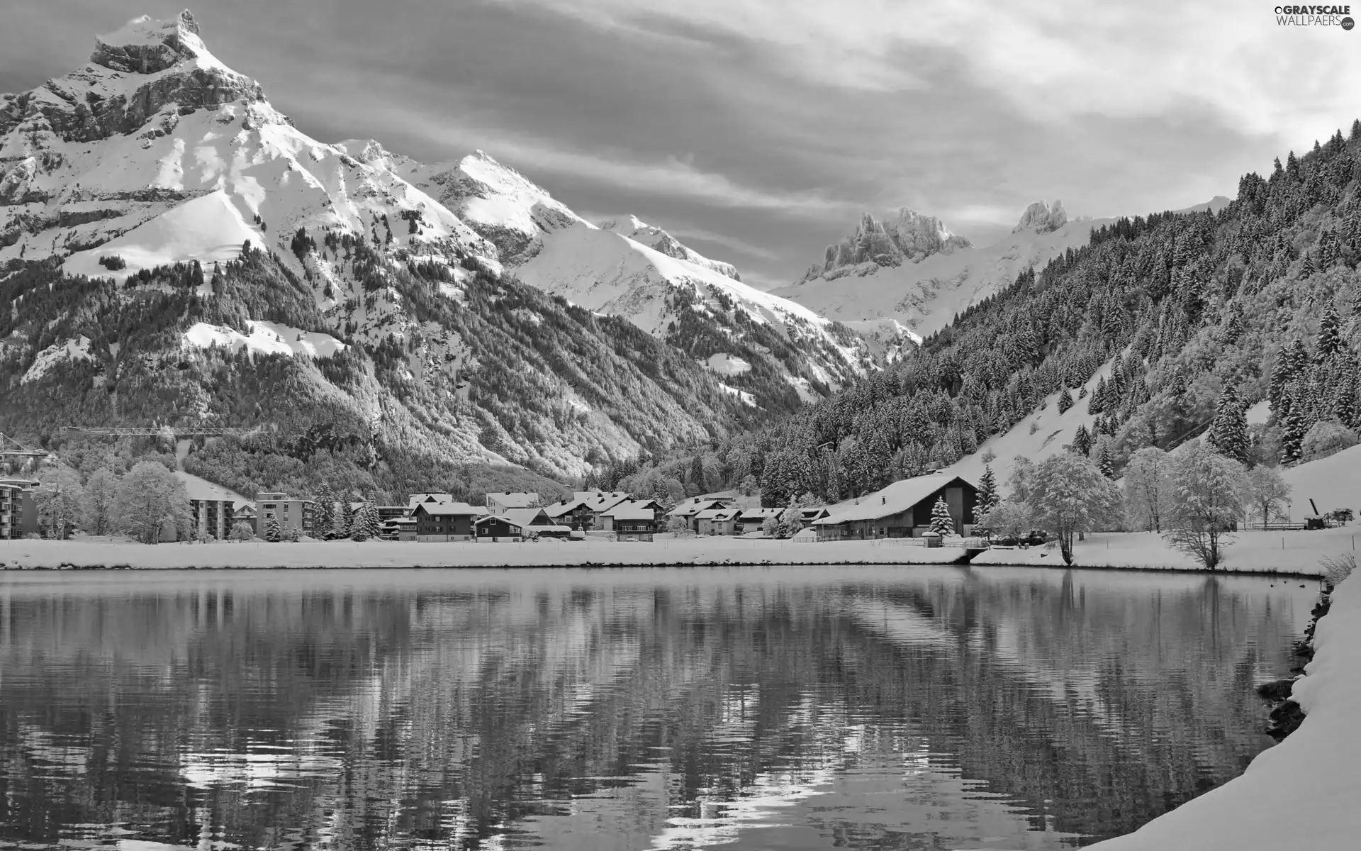 buildings, winter, forest, lake, Mountains