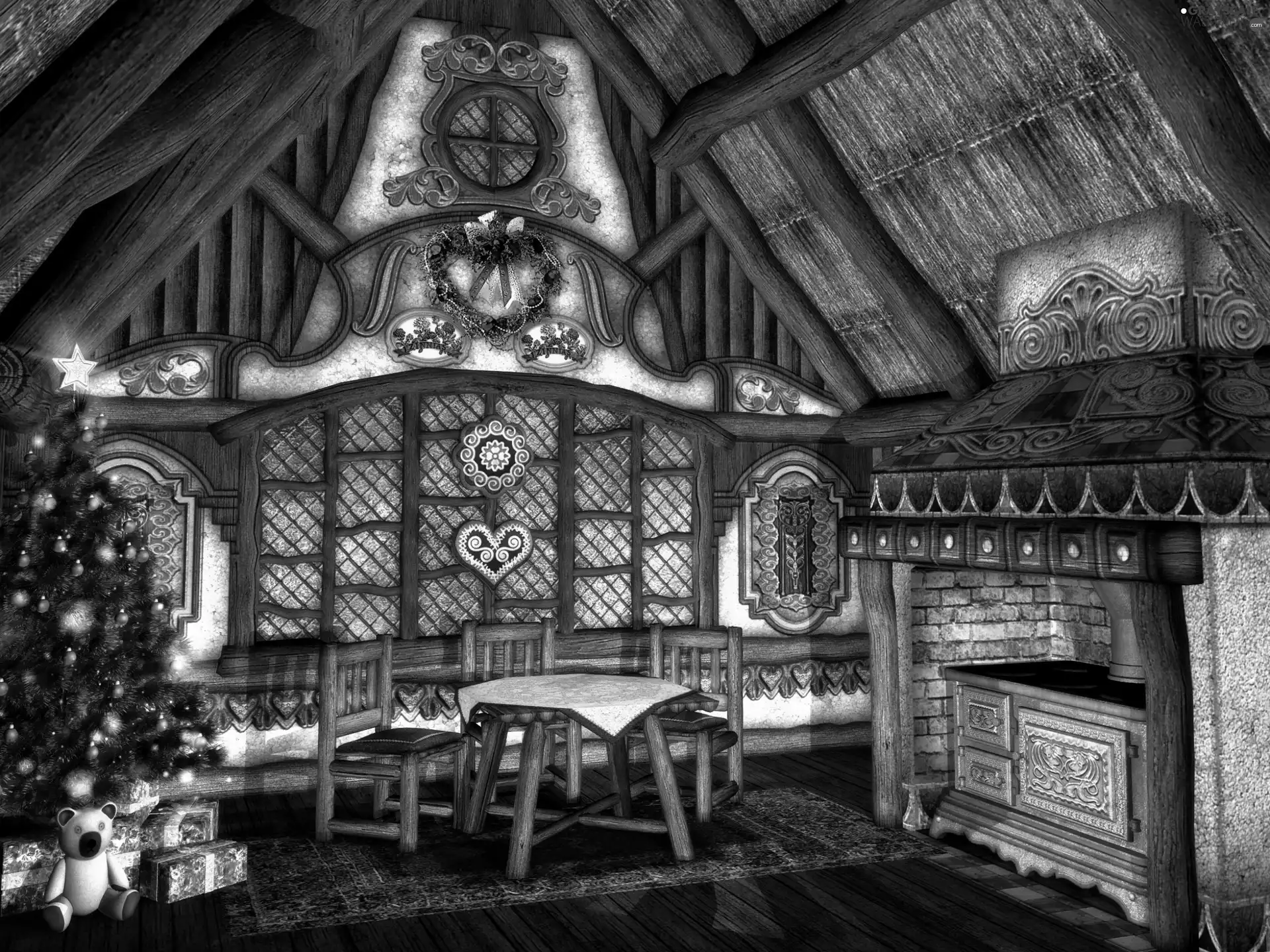 house, christmas tree, burner chimney, Room