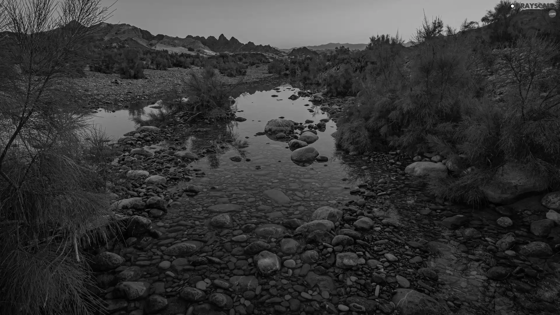 Stones, Mountains, viewes, Bush, trees, River