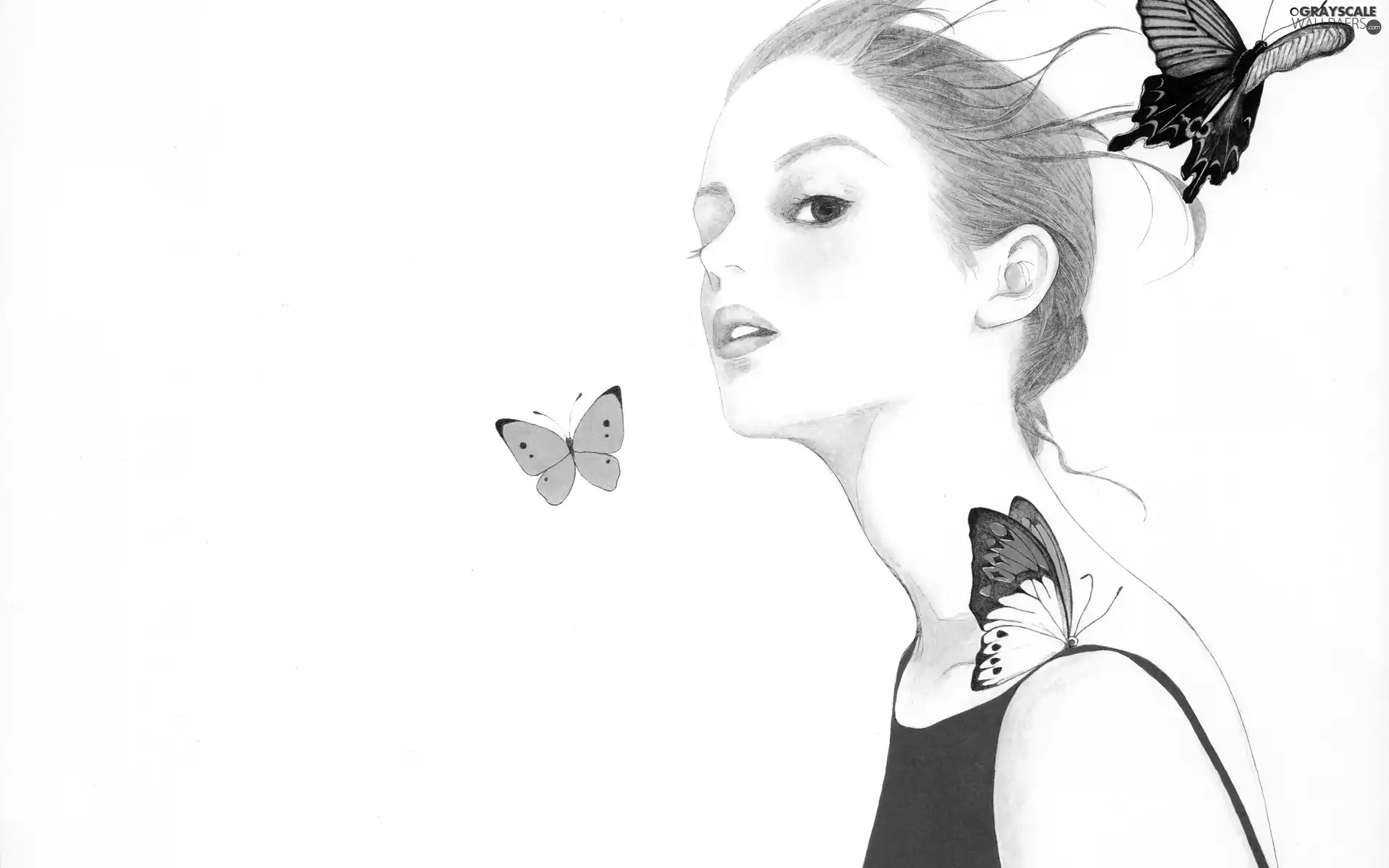 butterflies, Drawing, young, Women, redhead