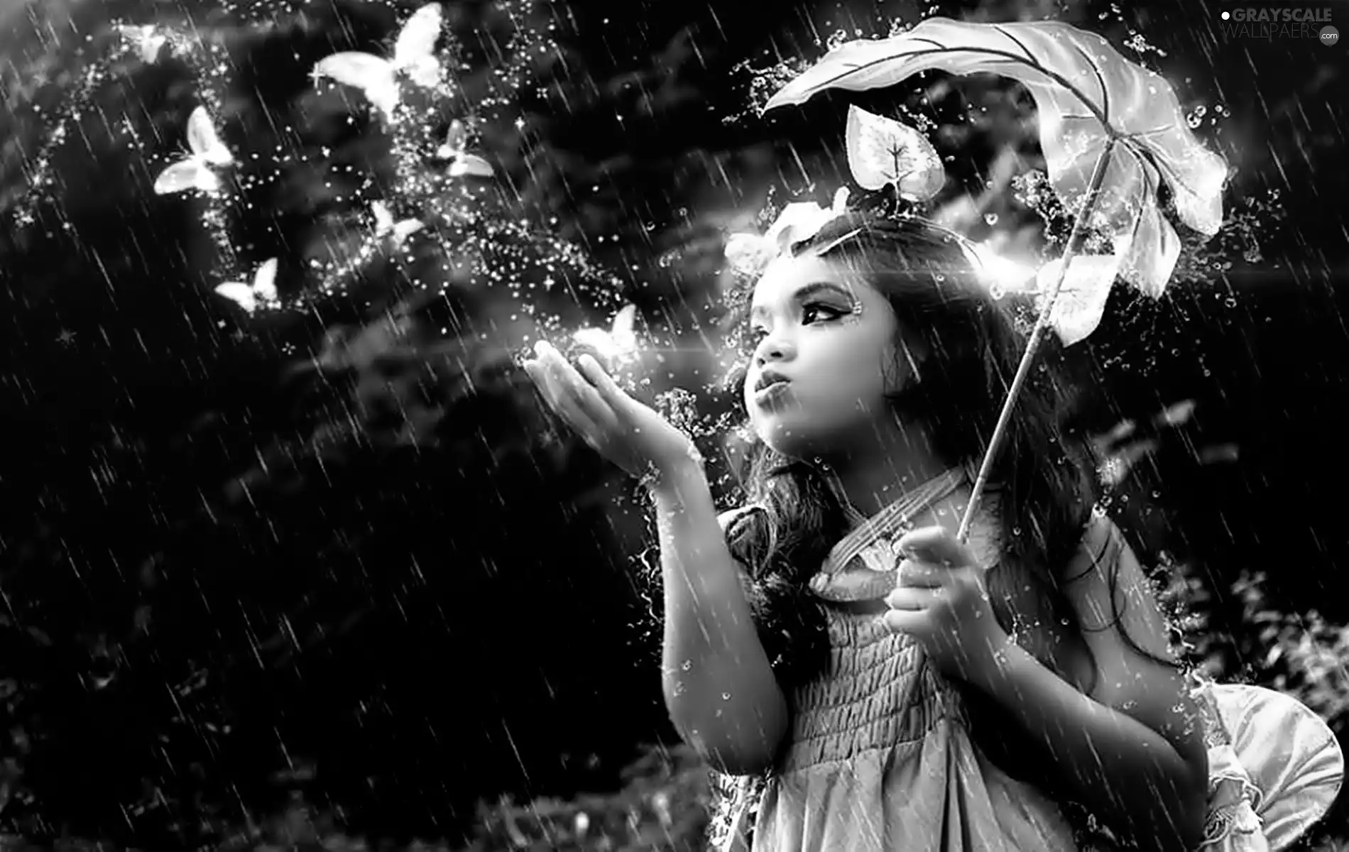 butterflies, girl, Rain