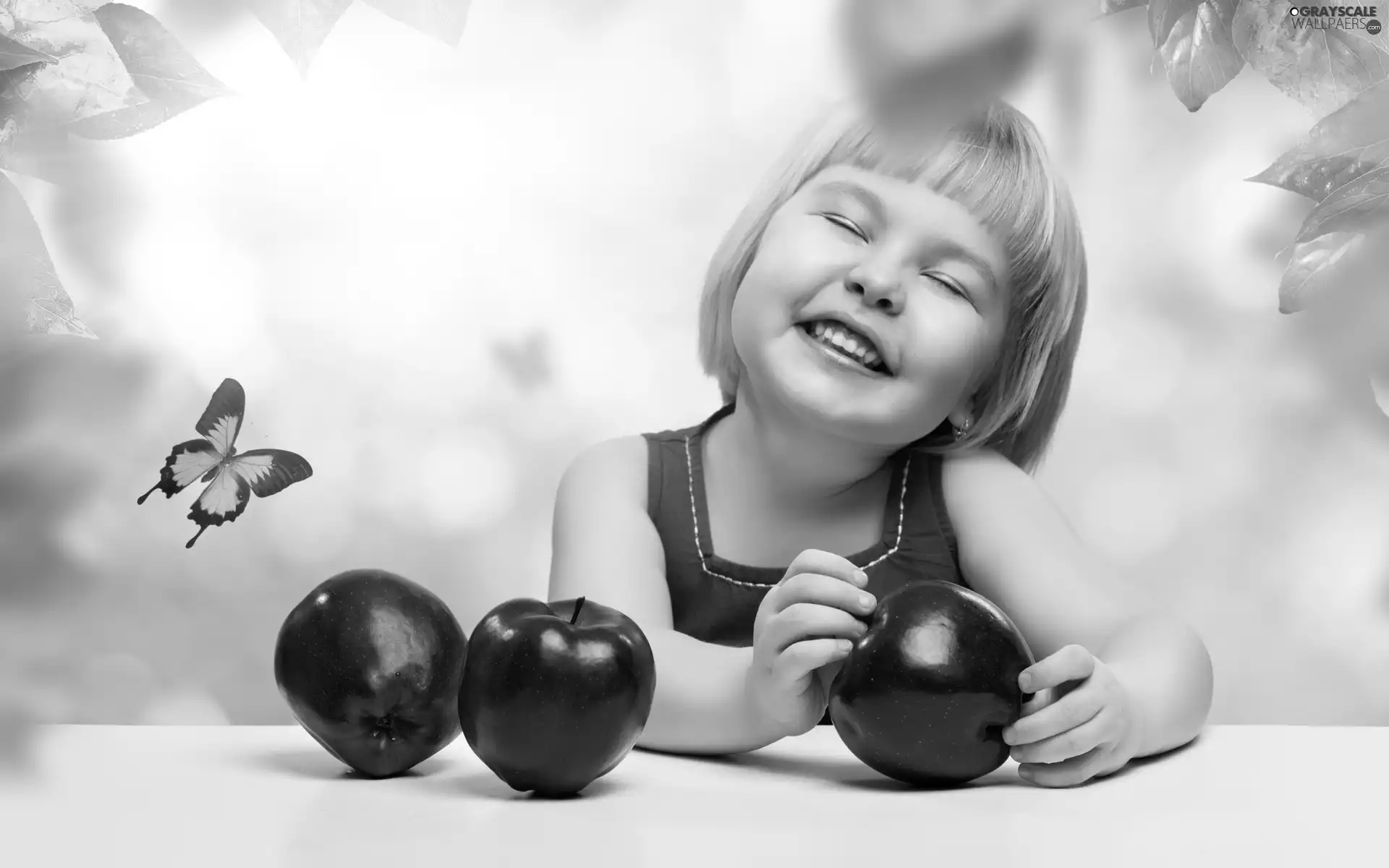 butterfly, girl, apples