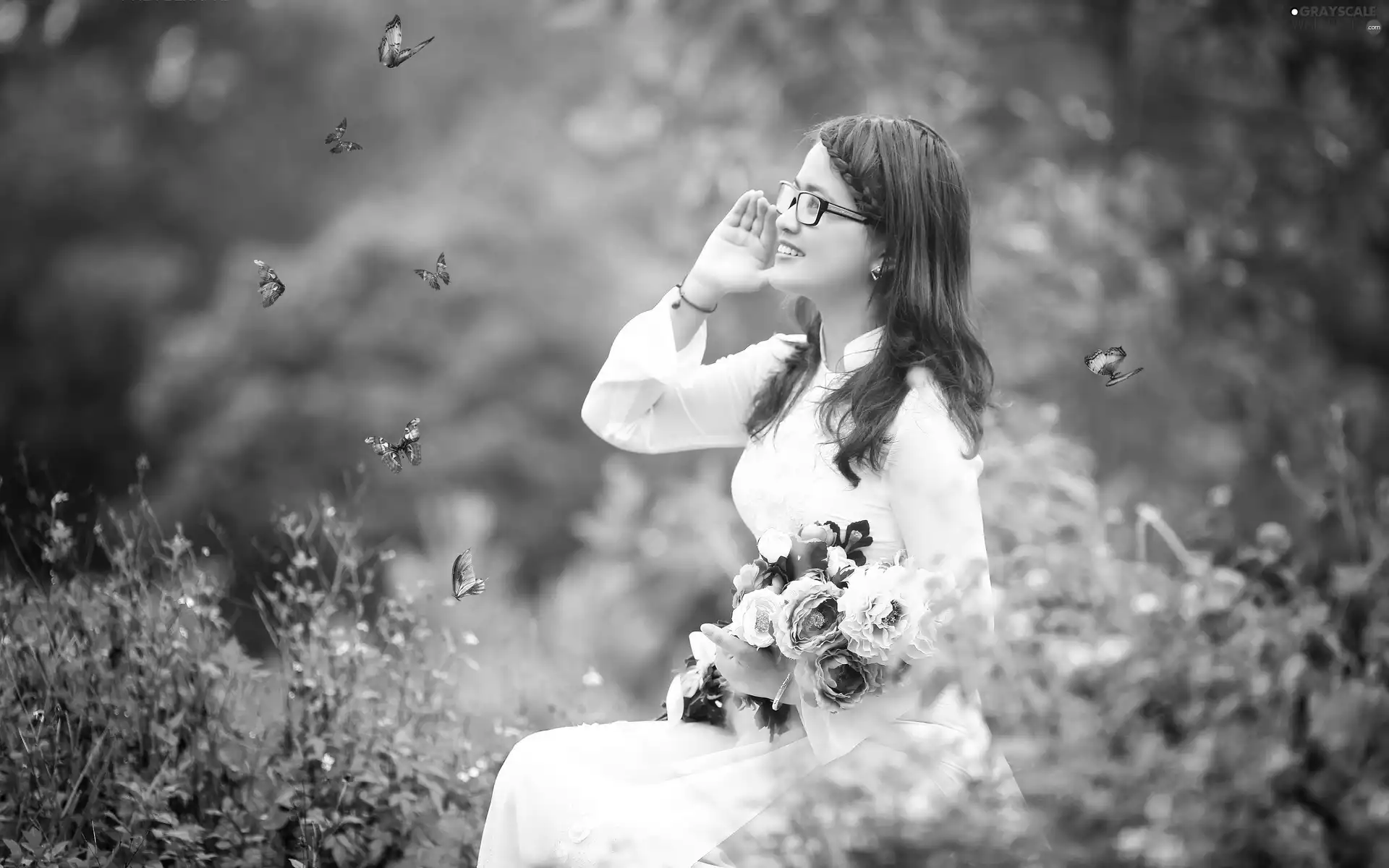 girl, flowers, butterfly, bouquet