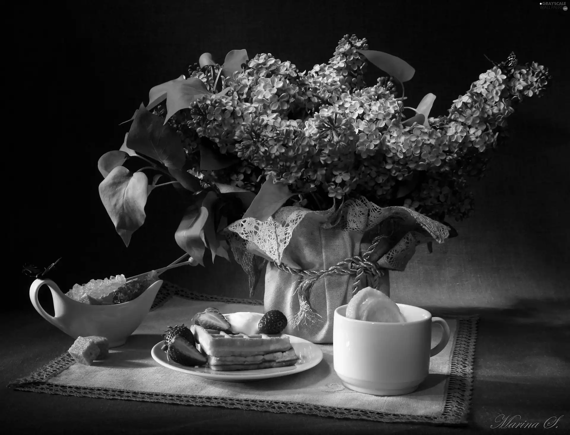 cake, Amaranth, lilac, dishes, bouquet