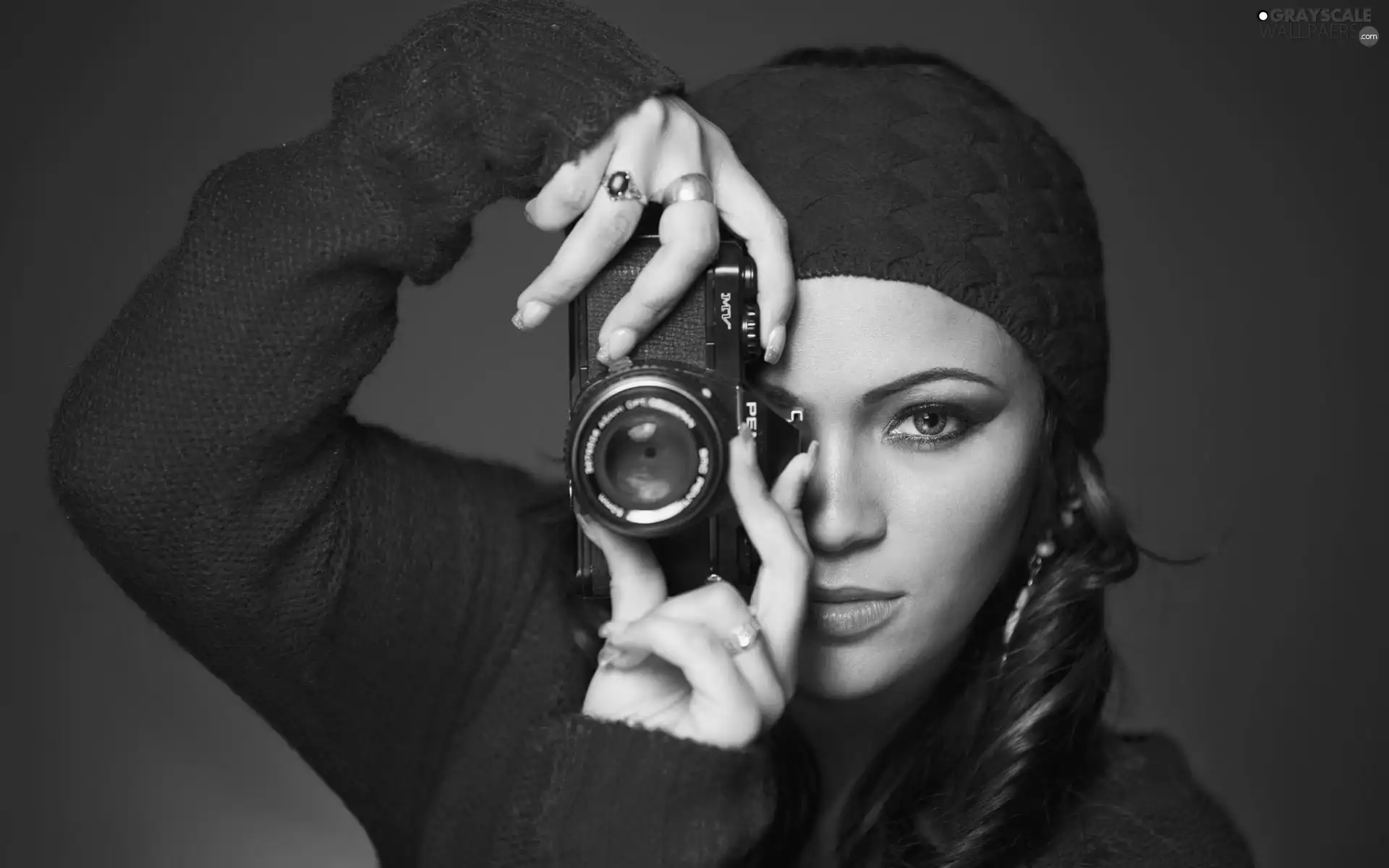 girl, make-up, Camera, Hat