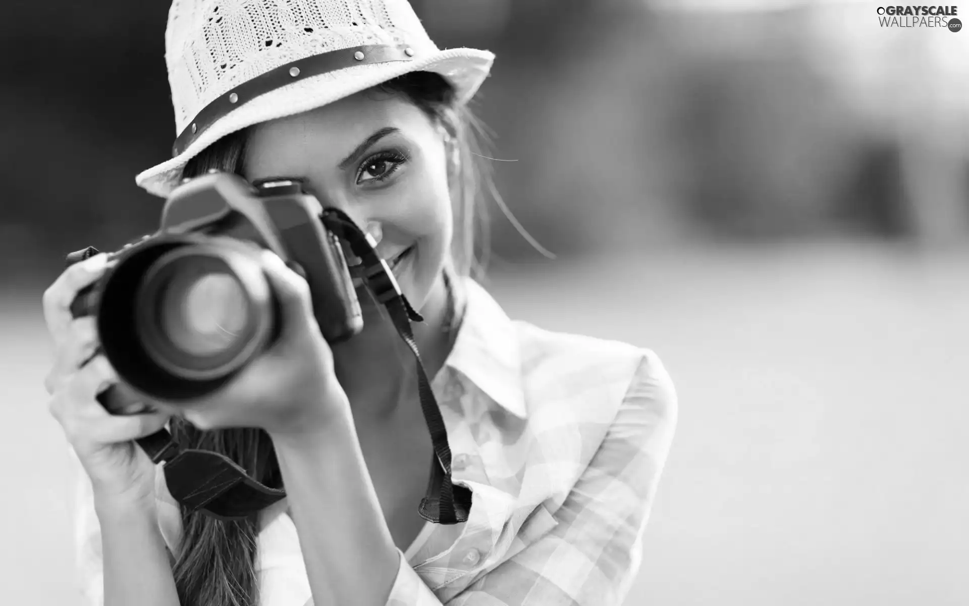 Camera, Park, girl, Hat, smiling