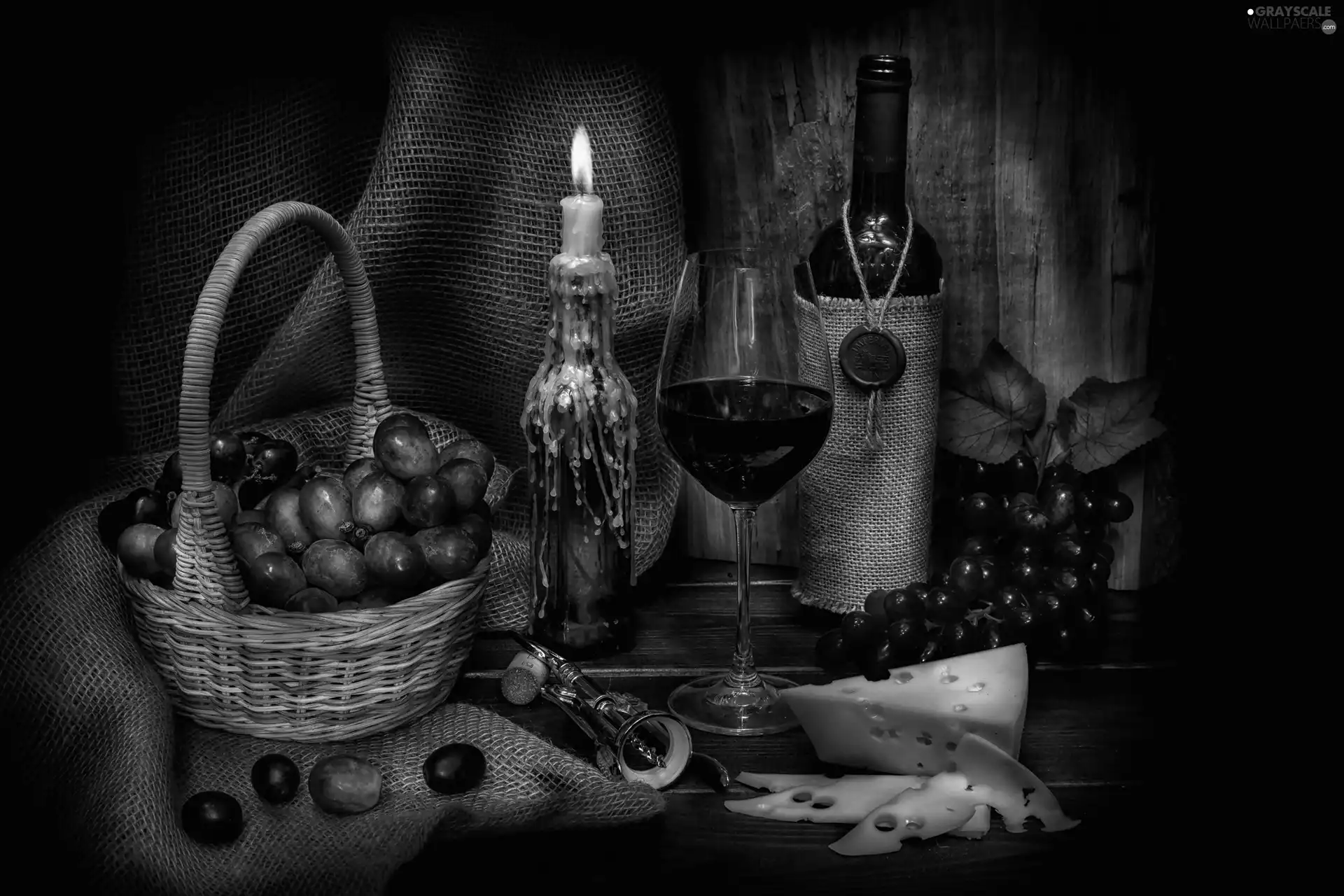 Wine, Grapes, glass, candle, basket, Bottle, cheese