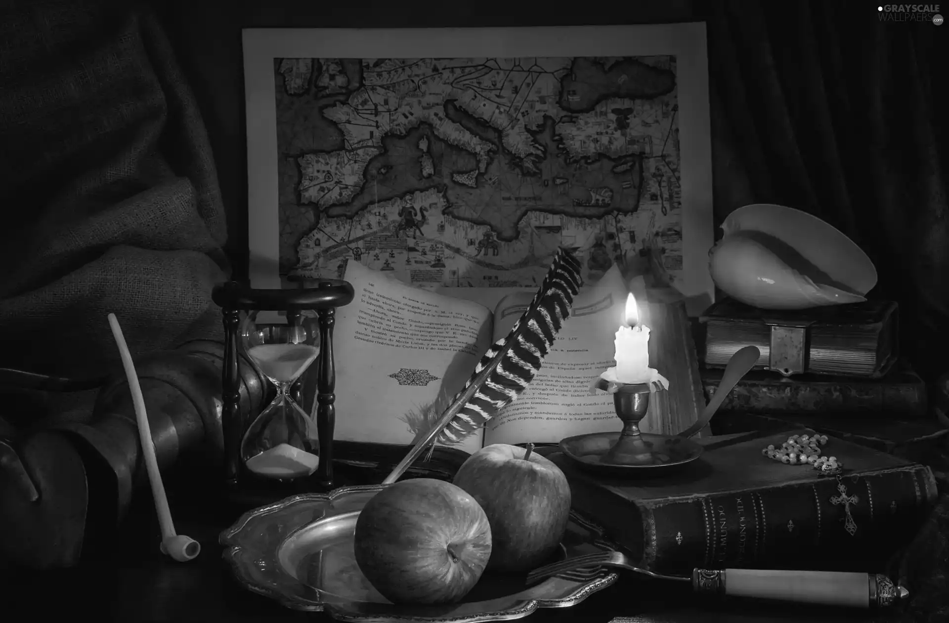candle, Map, Books, hourglass, composition