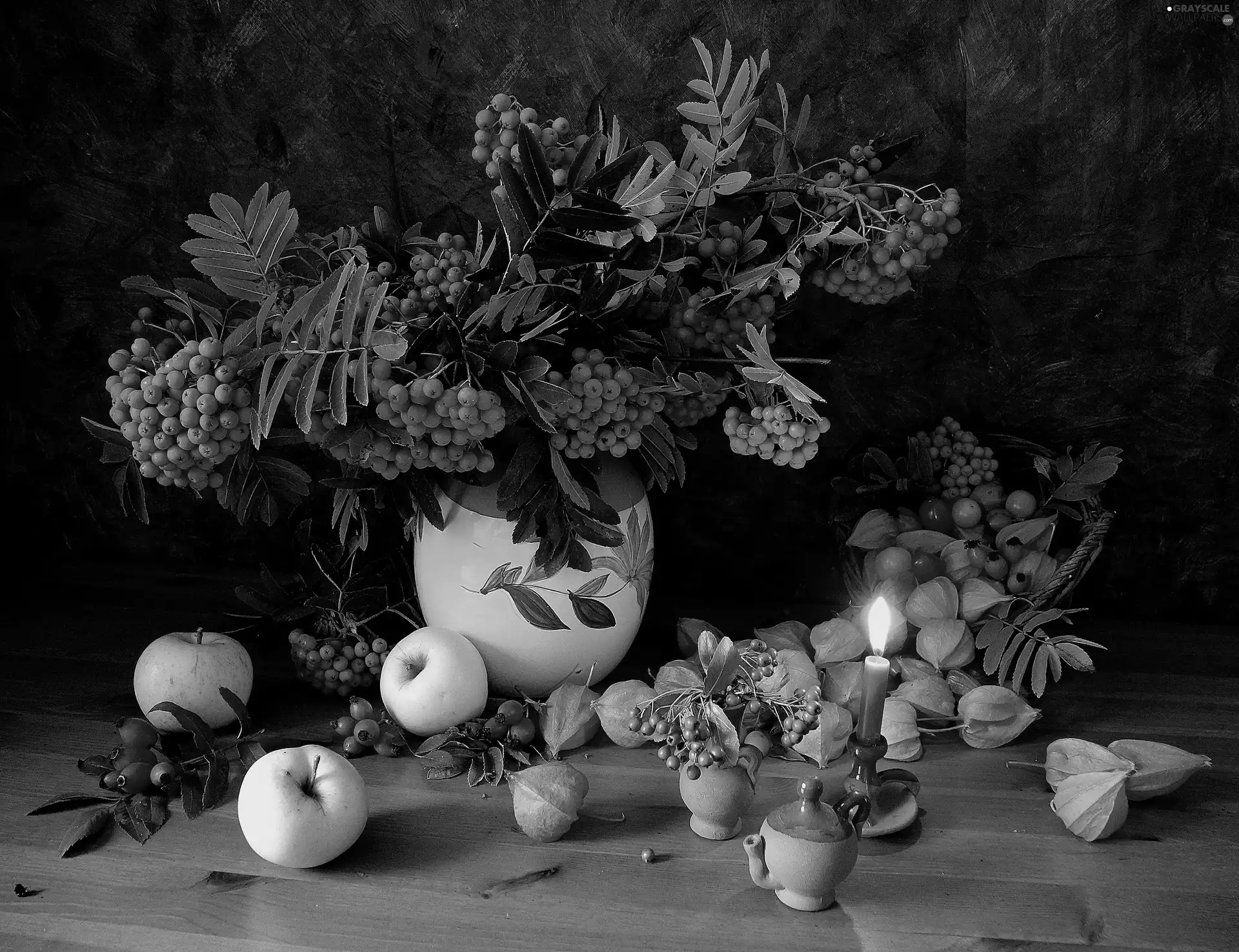 flame, Candle, Plant, apples, Vase