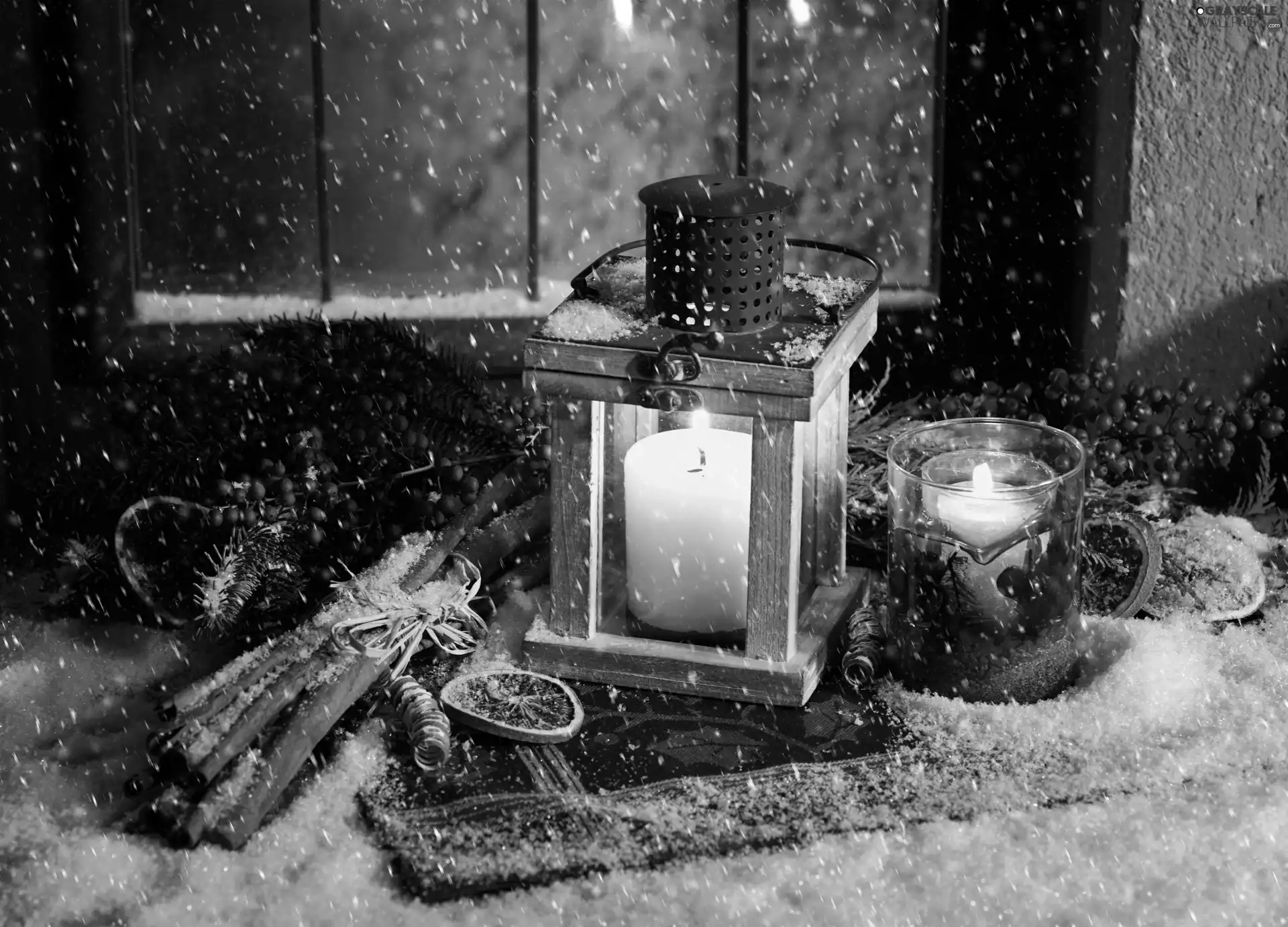 lantern, Christmas, cinnamon, Window, composition, candle, snow