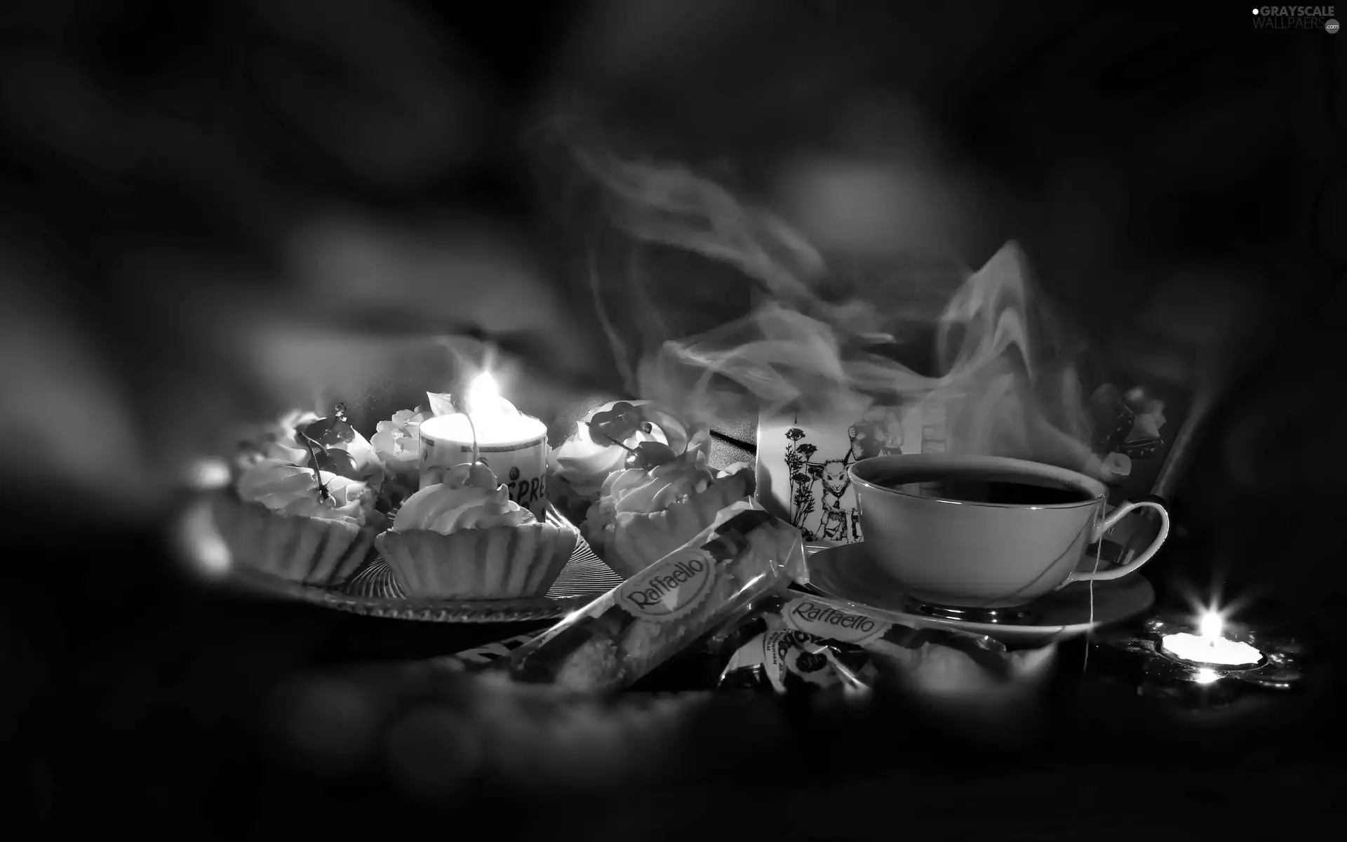 Muffins, hot, Candles, blur, Rafaello, tea