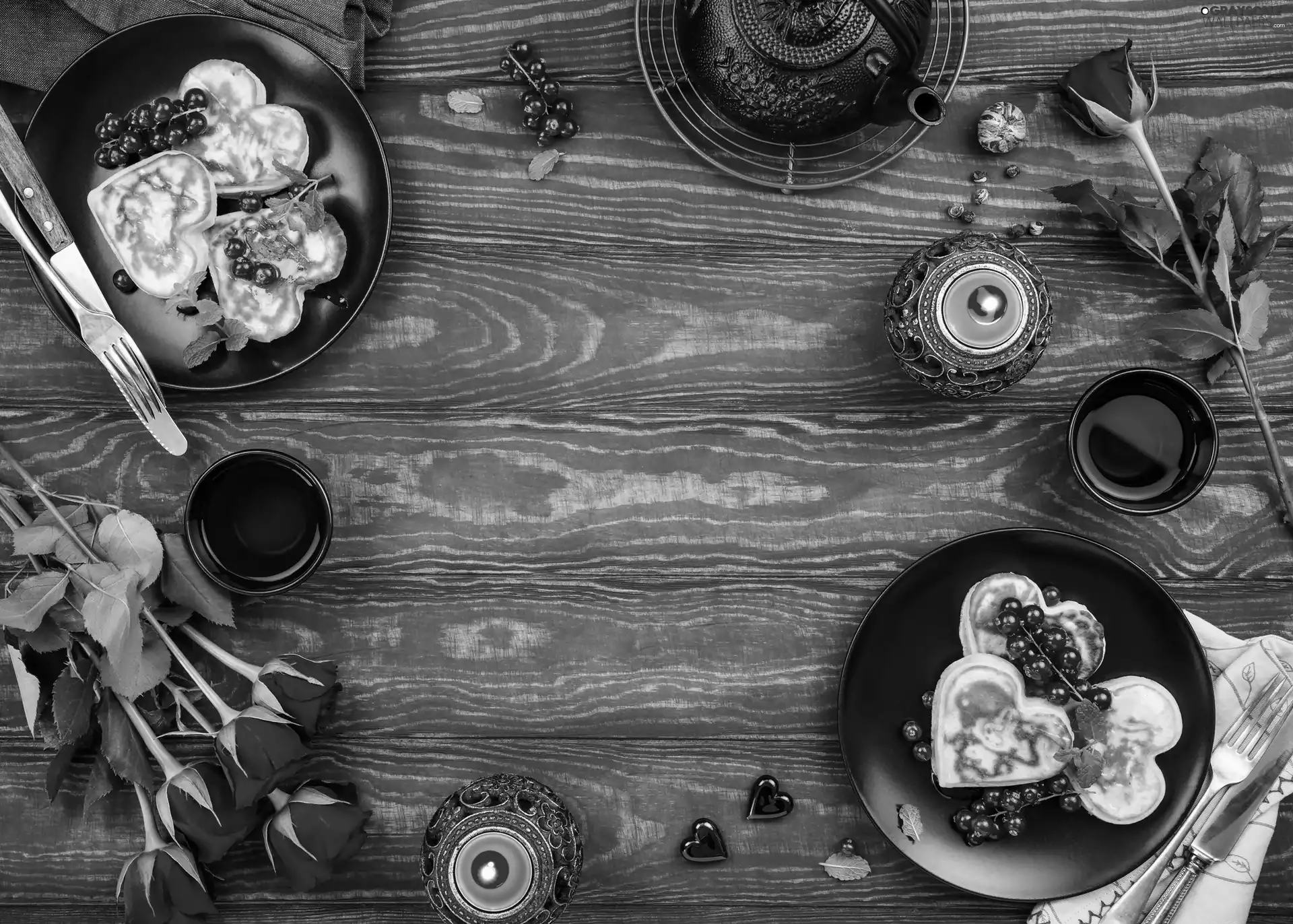 roses, tea, Plates, candles, pancakes, cups