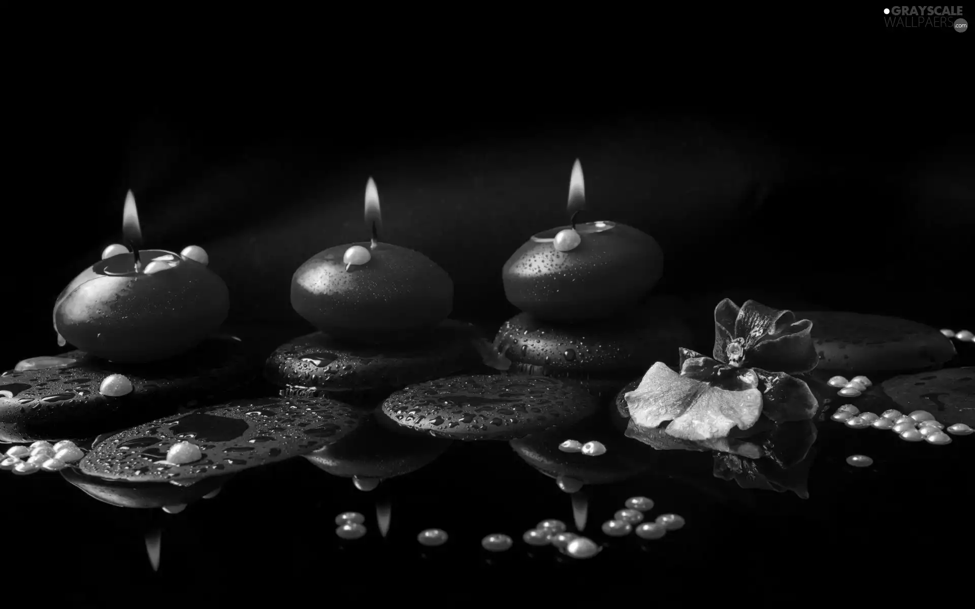 Stones, composition, candles, reflection, Red, orchid