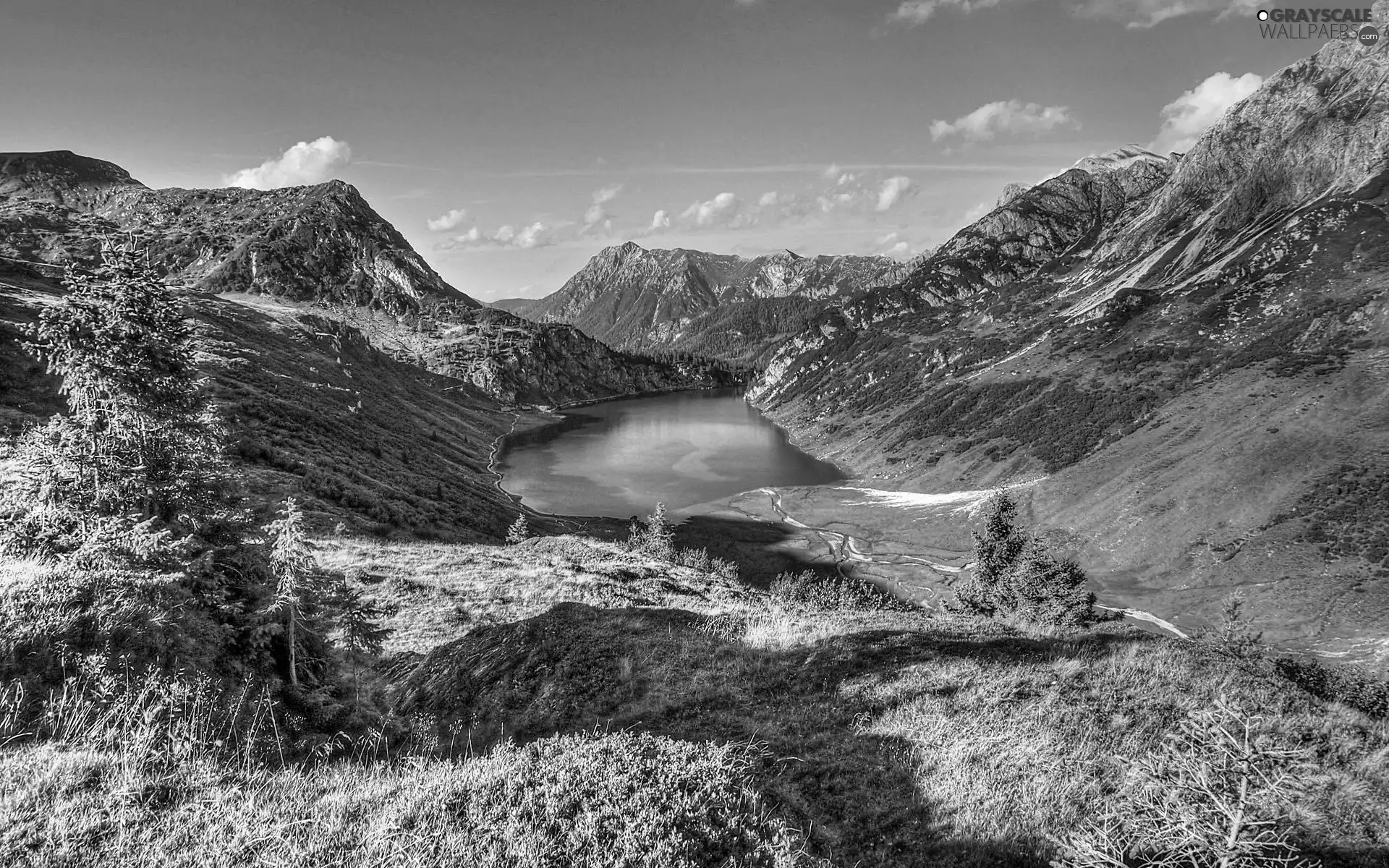 Mountains, car in the meadow, Path, lake