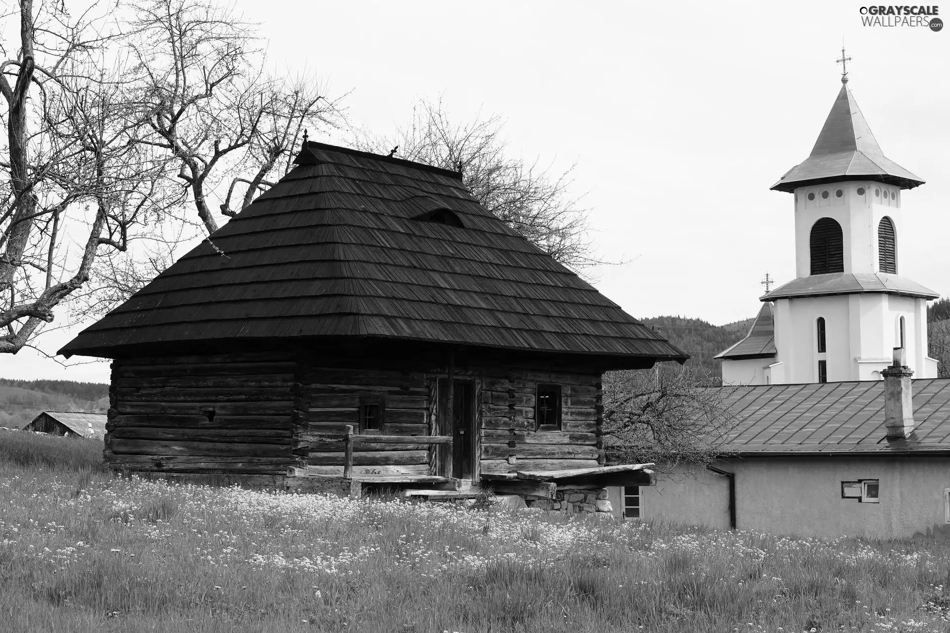 Old car, trees, Church, house