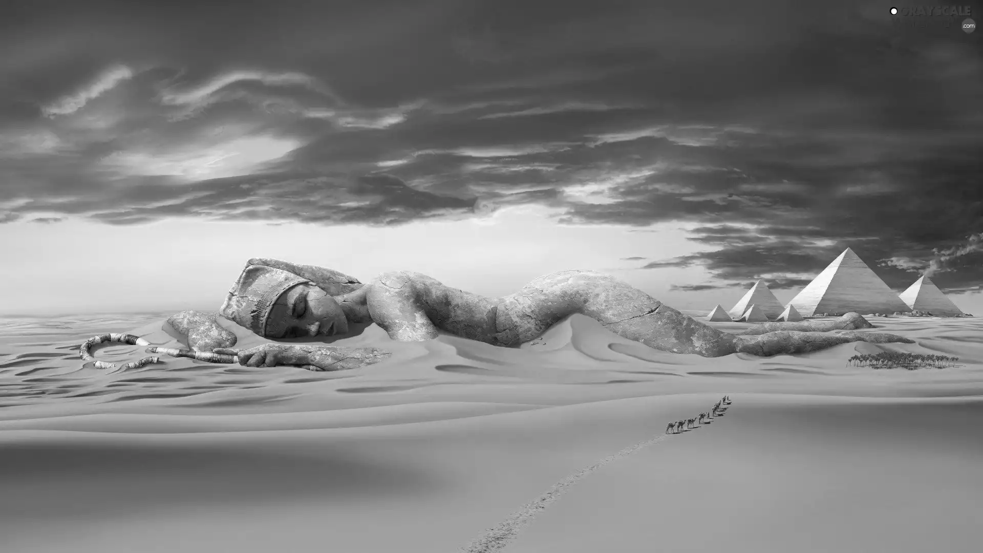 caravan, clouds, Pyramids, Desert, Statue monument