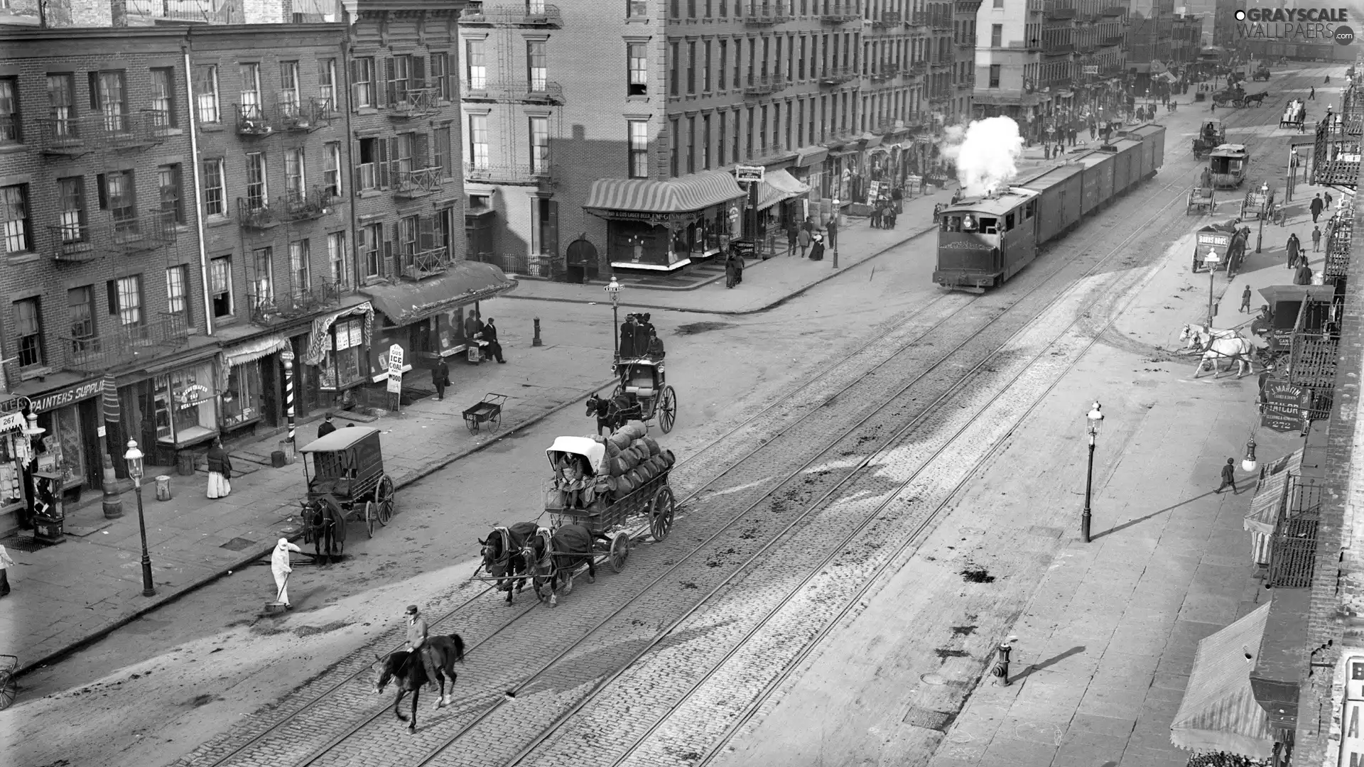 Street, Town, carriages, bloodstock, trams, Houses