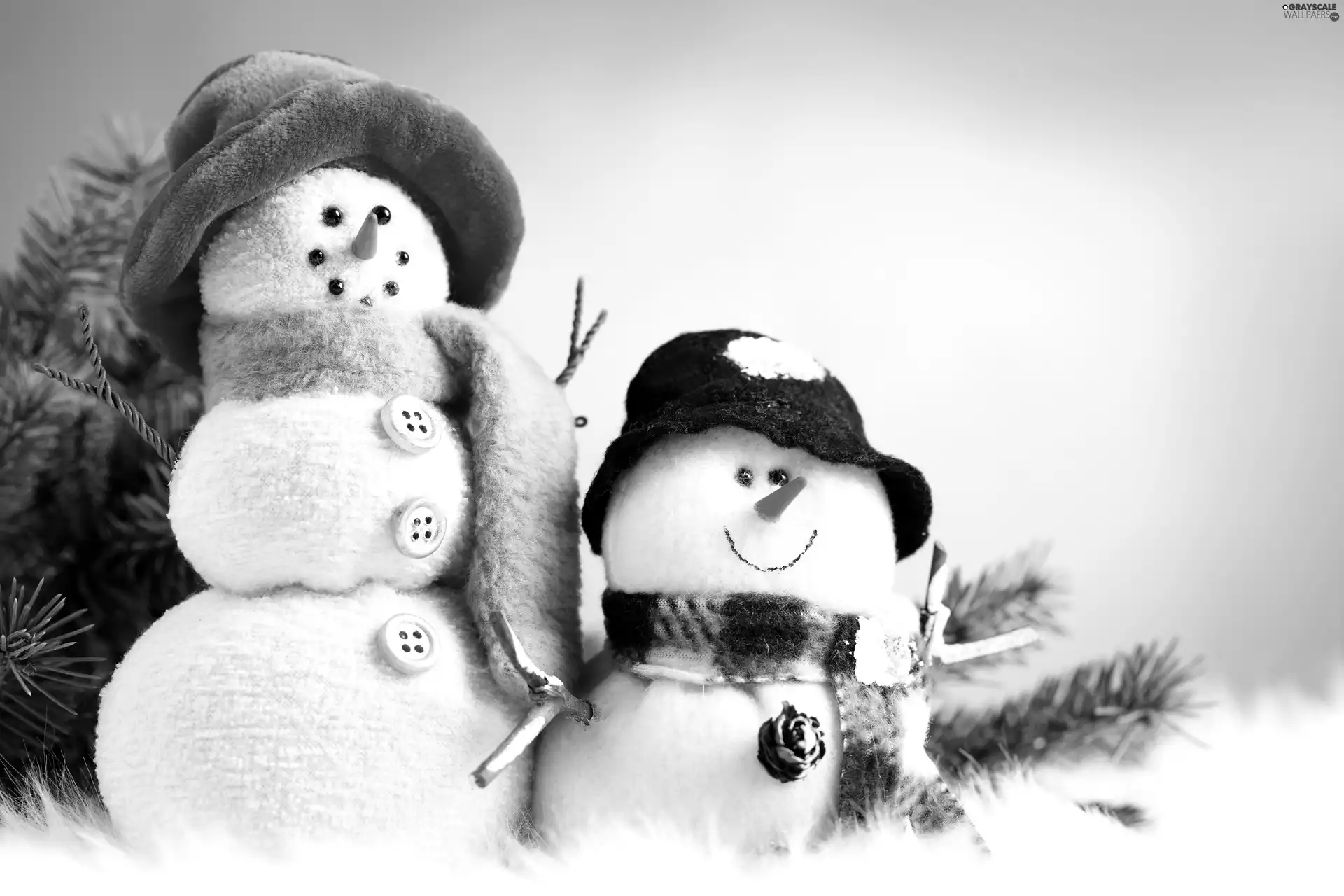 snowmen, snow, Scarves, Two cars, winter, caps, For Children