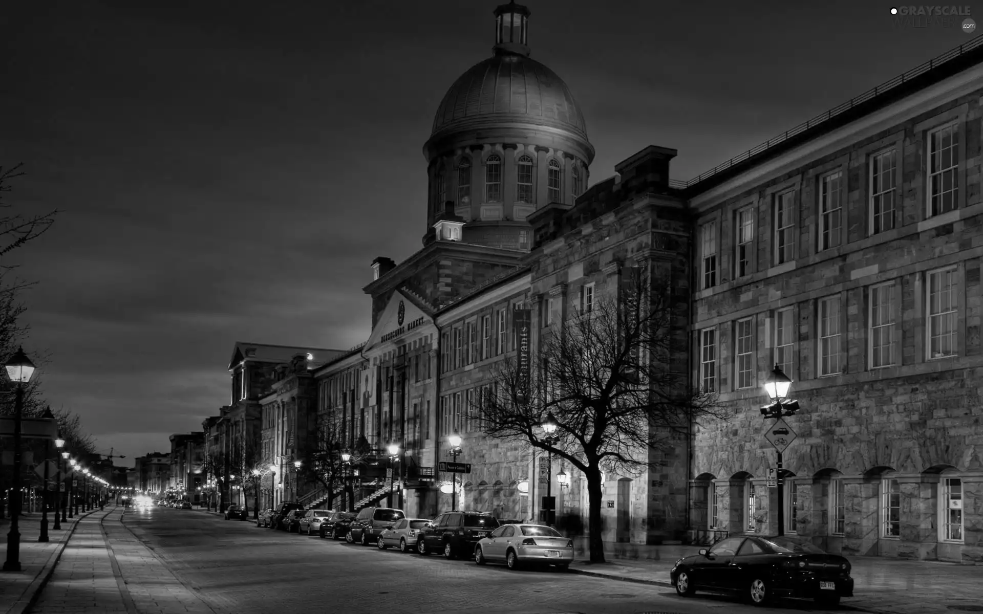 Street, Town, cars, Houses, lanterns, Night